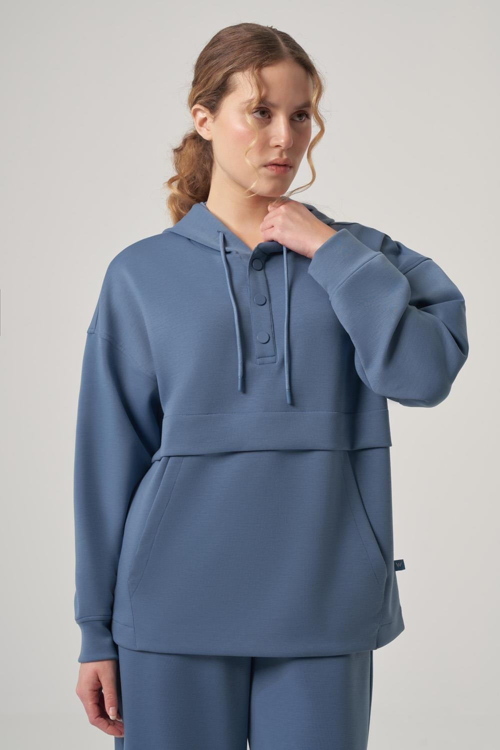 WELLWE-MERCO indigo ultra relax yumuşak kumaş yakası çıt çıt detaylı kapüşonlu sweat-Sweatshirt