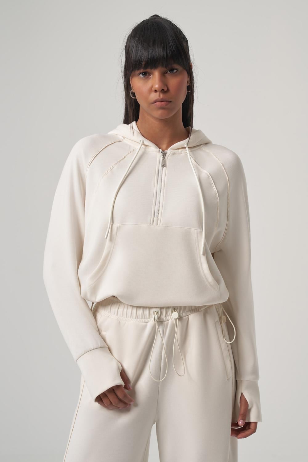 WELLWE-DENA ekru modal kumaş ultra relax paraşüt kumaş detaylı kapüşonlu sweat-Sweatshirt