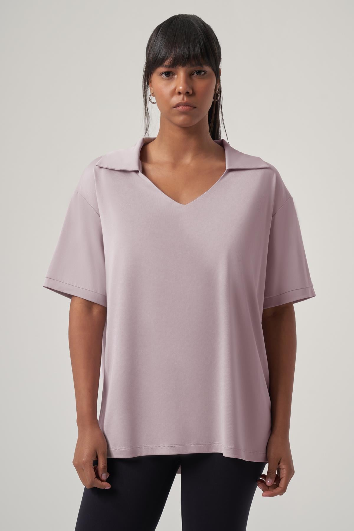 WELLWE-SIRENA gül kurusu soft touch modal içerikli polo yaka oversize tişört-T-Shirt & Atlet