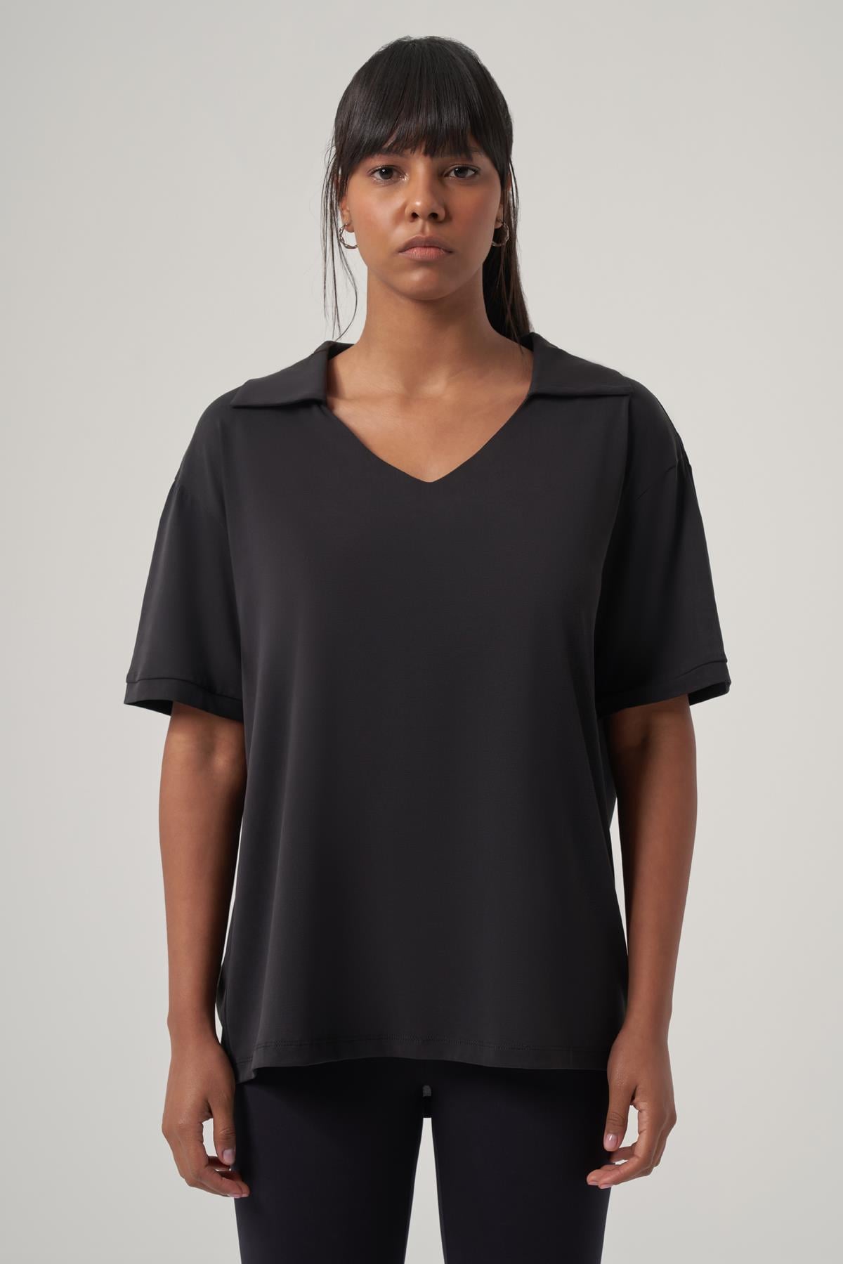 WELLWE-SIRENA siyah soft touch modal içerikli polo yaka oversize tişört-T-Shirt & Atlet