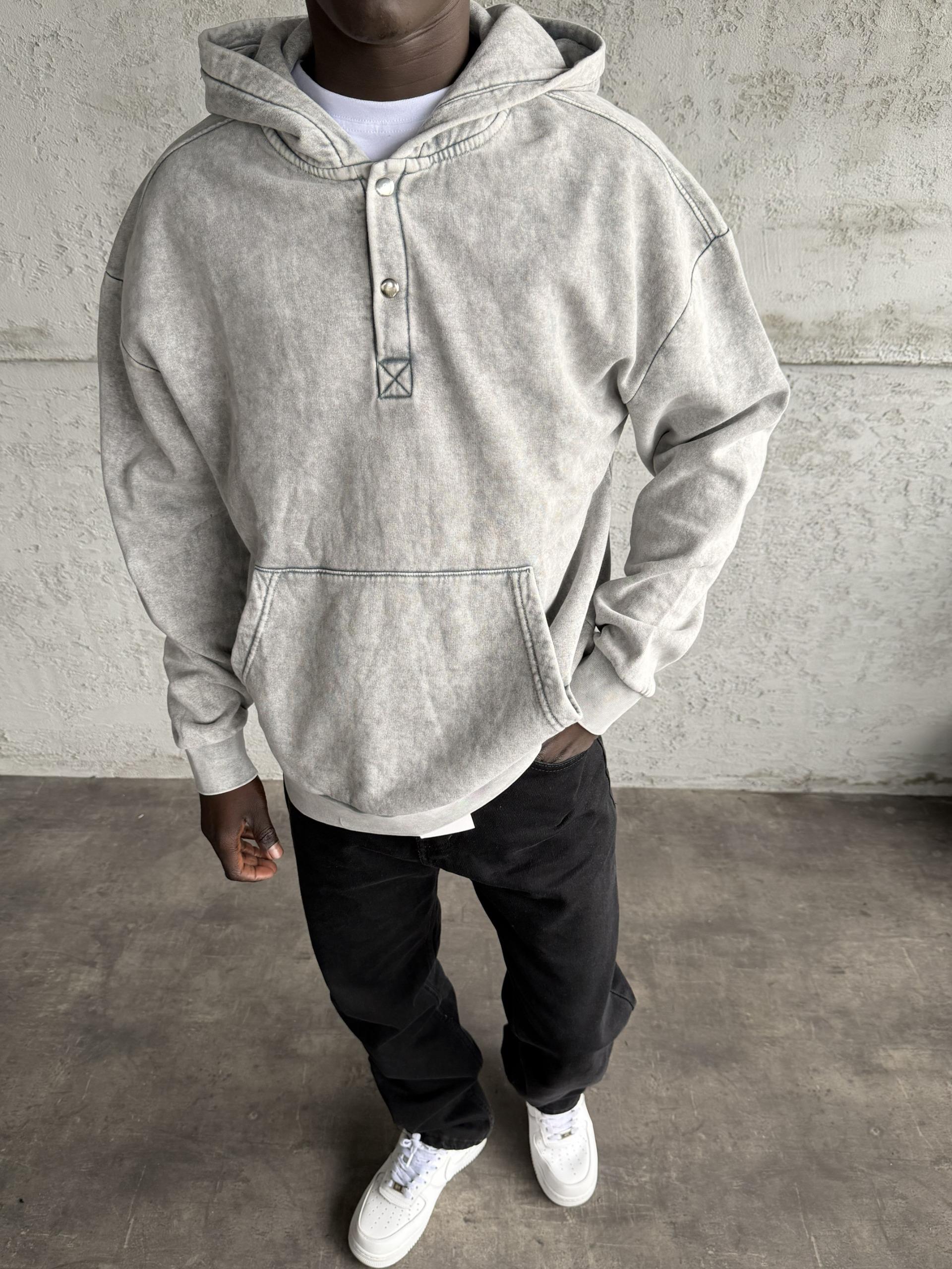 Açık Gri Yıkamalı Kapüşonlü Sweatshirt