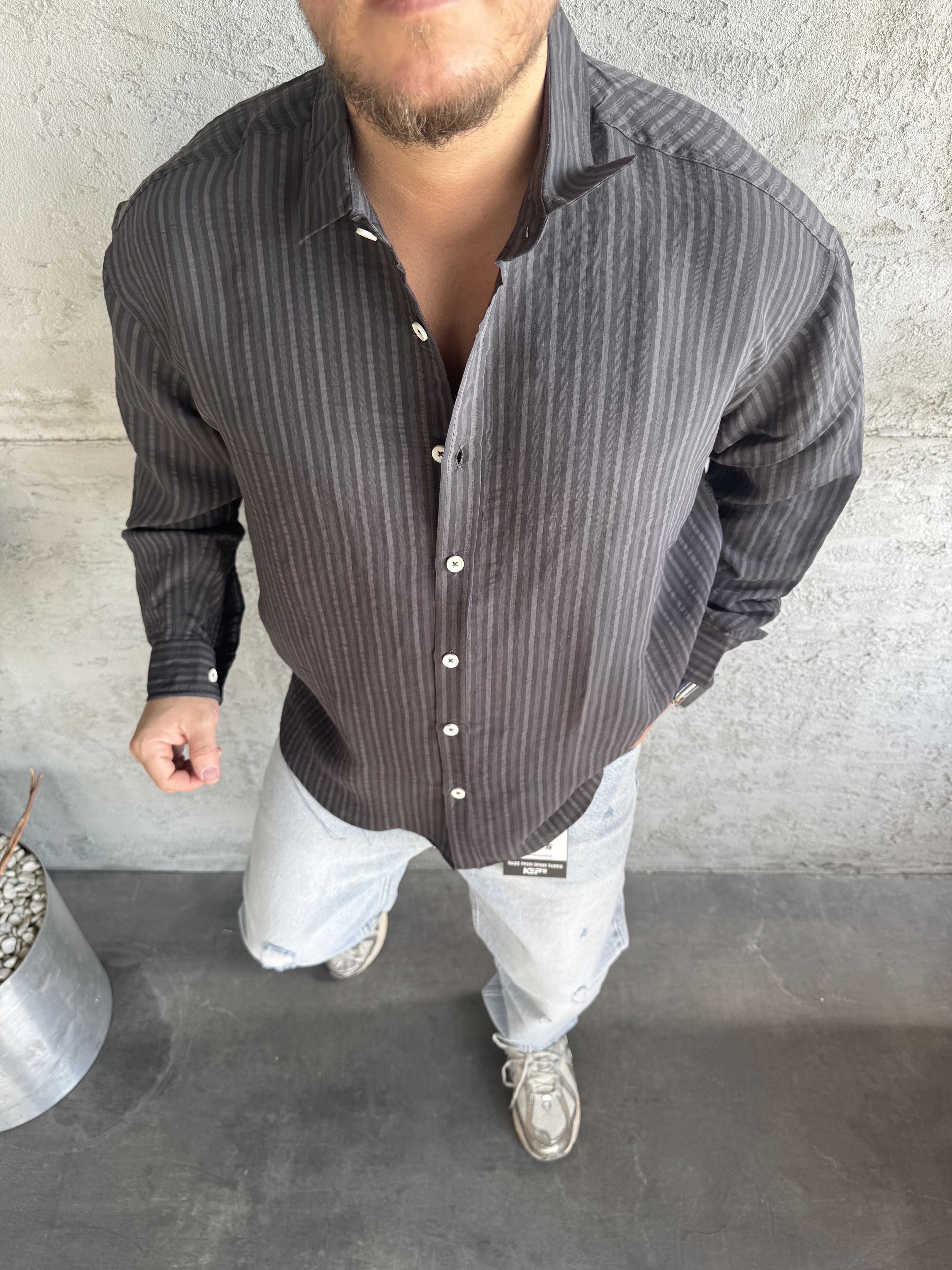 Antrasit Modal Kumaş Desenli Oversize Gömlek