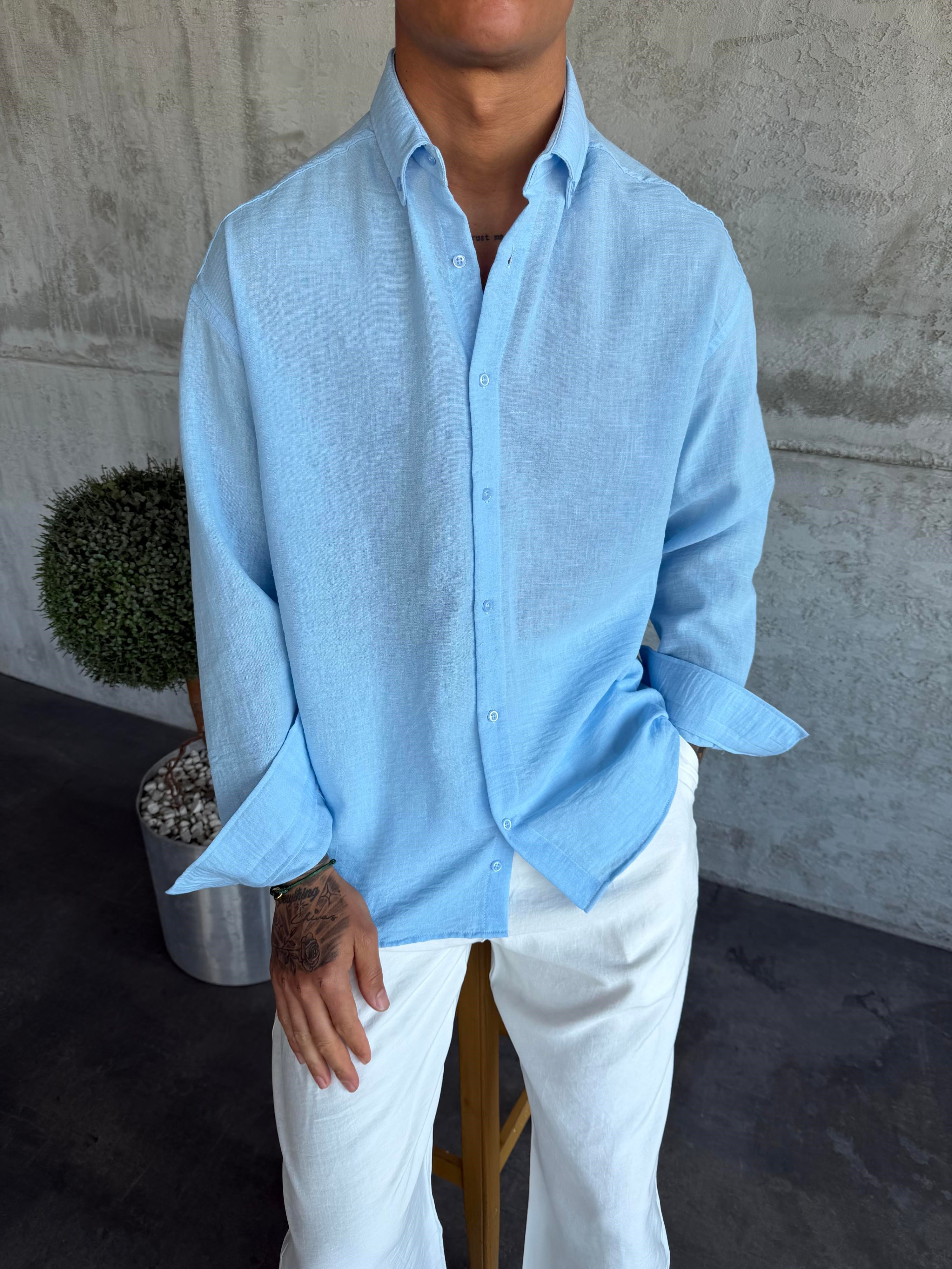 Bebe Mavi Pera Keten Gömlek