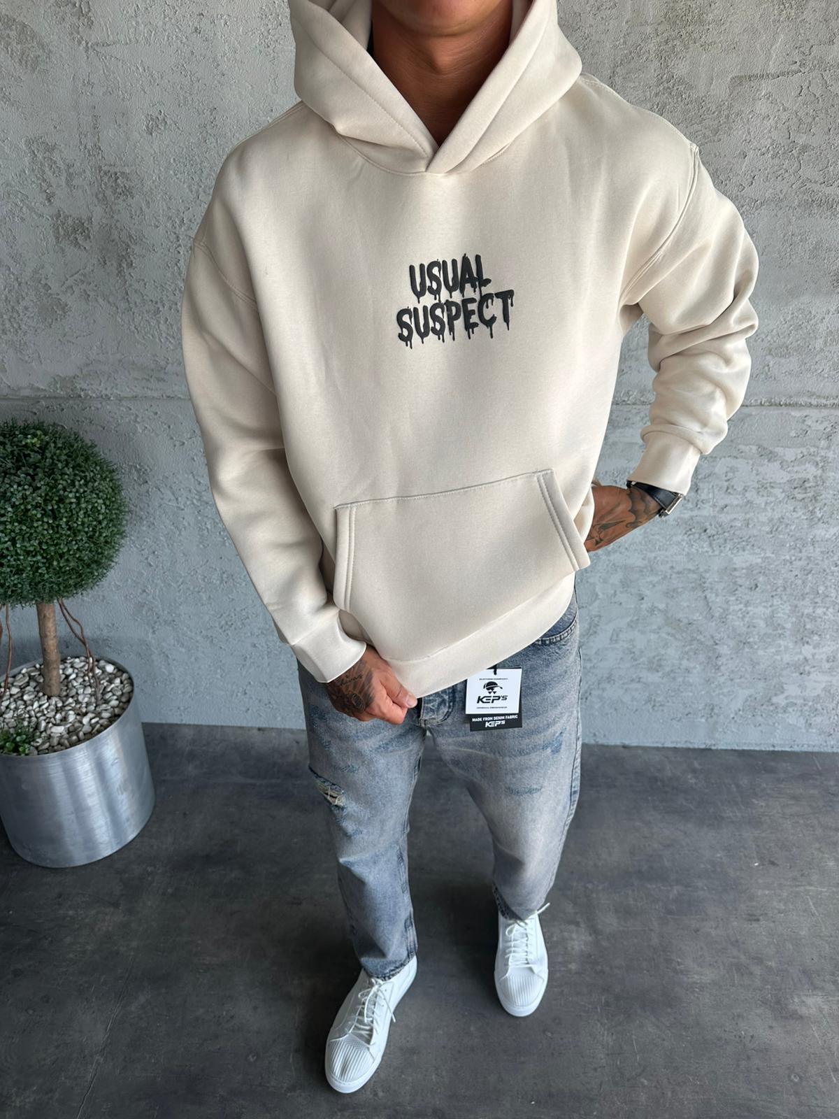 Bej Kapüşonlu Şardonlu Baskılı Sweatshirt