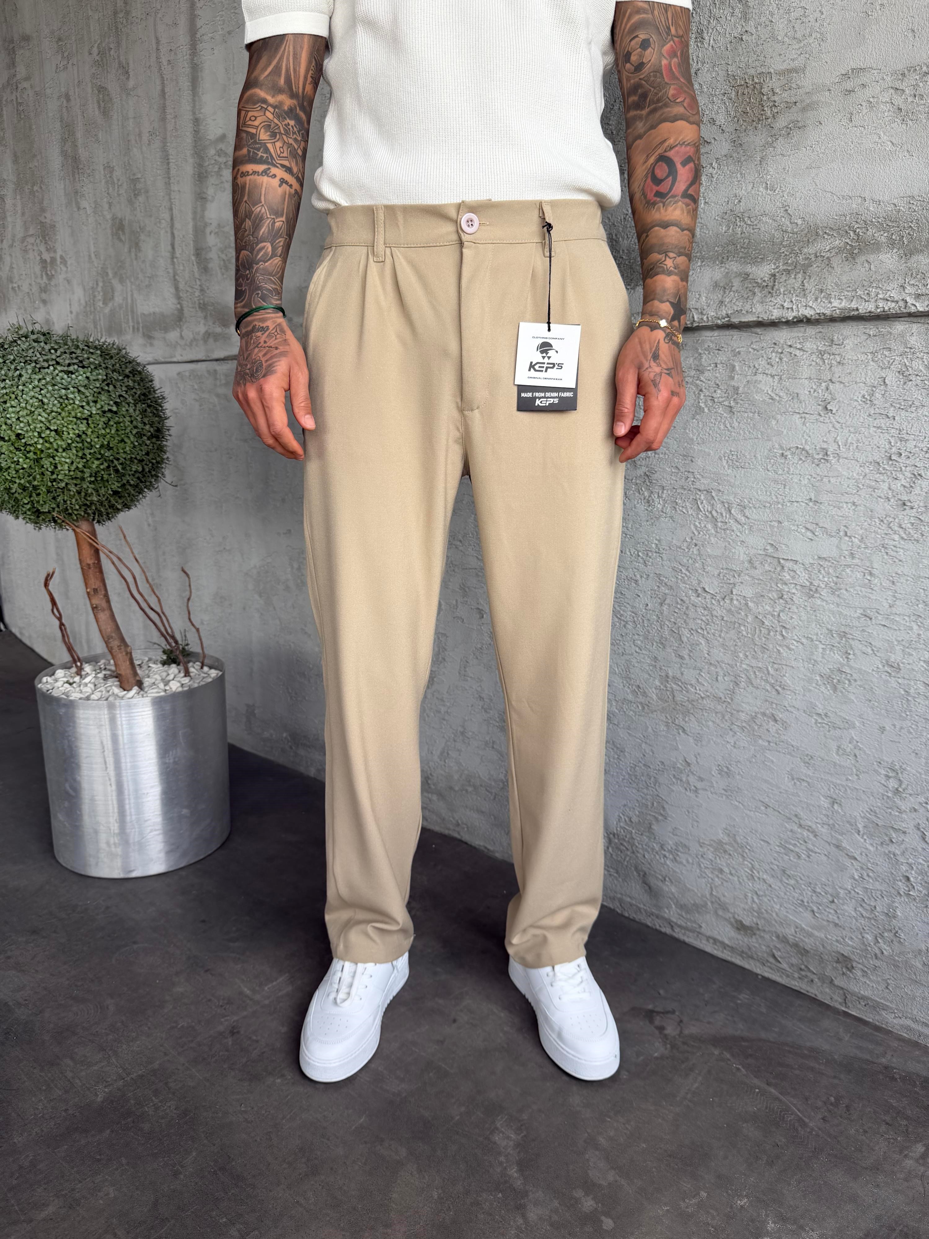 Bej Pileli Baggy Kumaş Pantolon