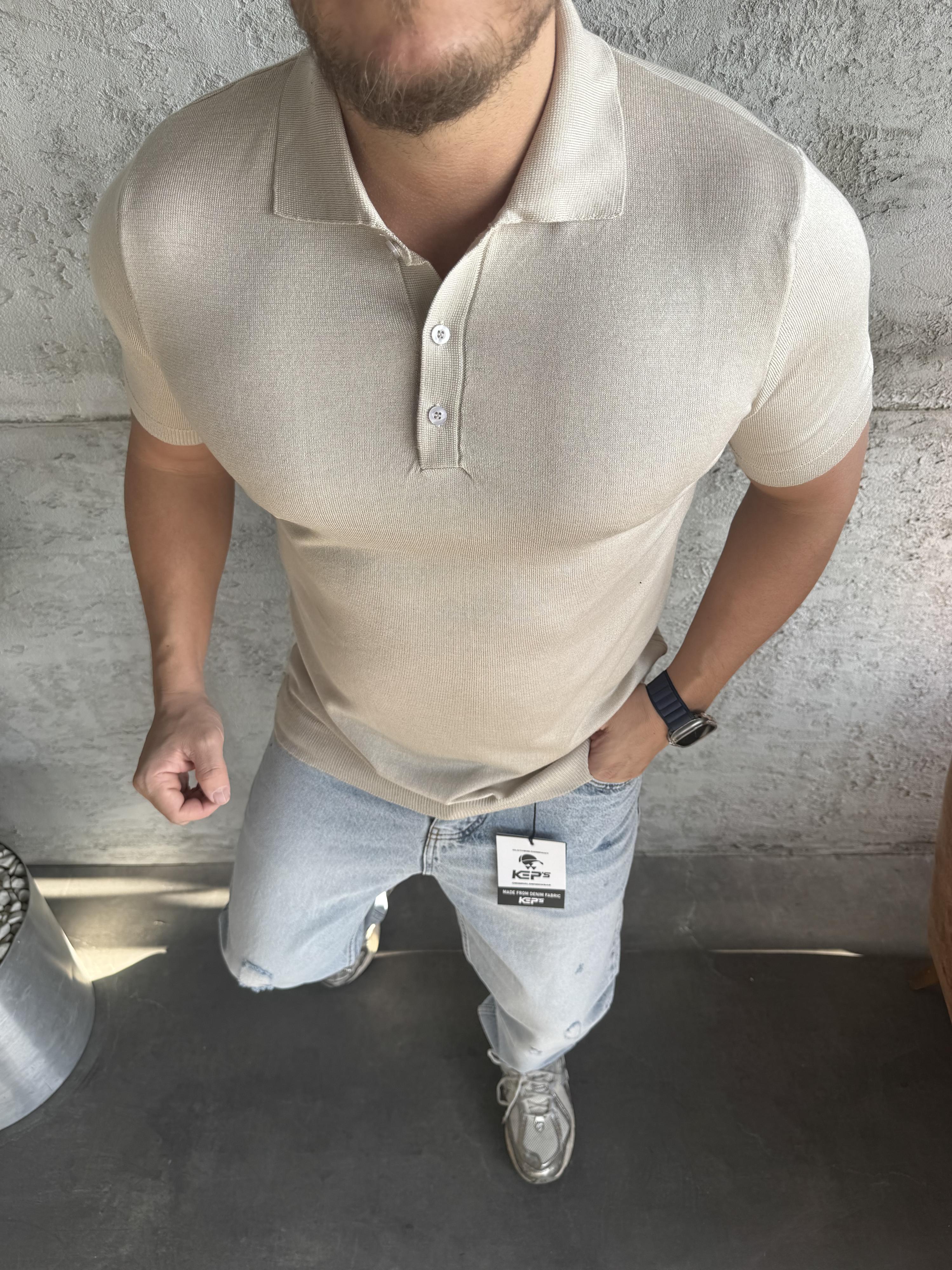 Bej Polo Yaka Düğmeli Triko T-Shirt