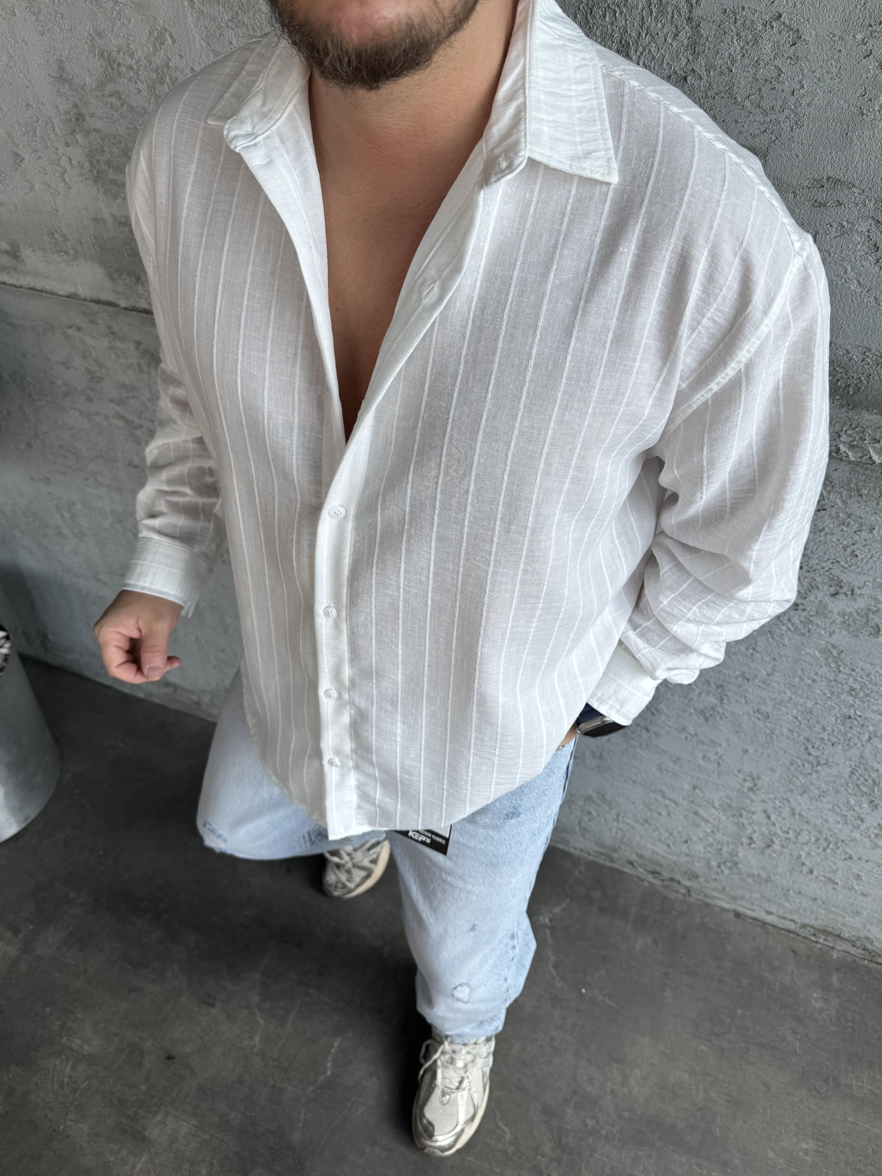 Beyaz Desenli Keten Gömlek