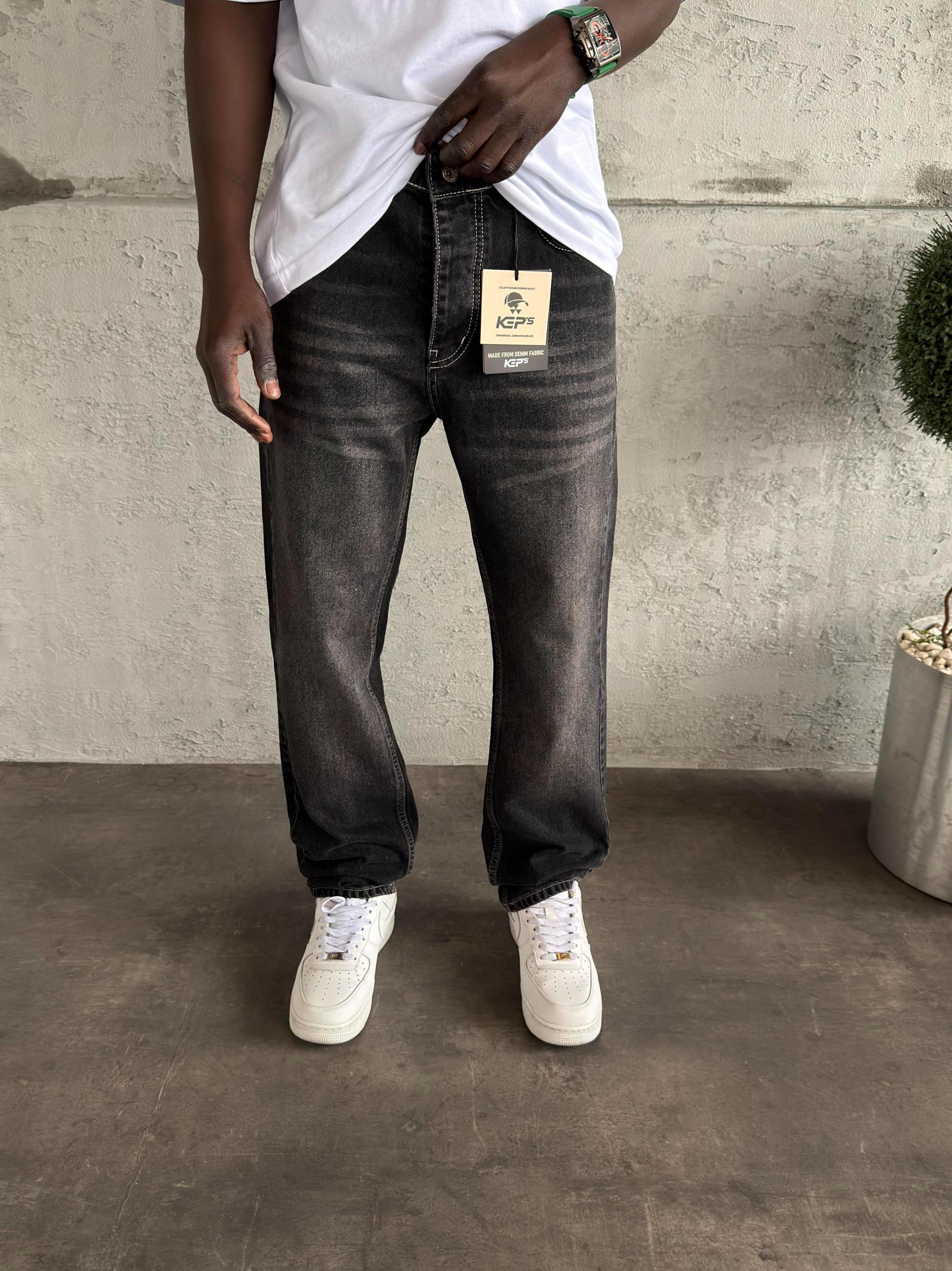 Beyaz Dikişli Füme Taşlamalı Baggy Jean