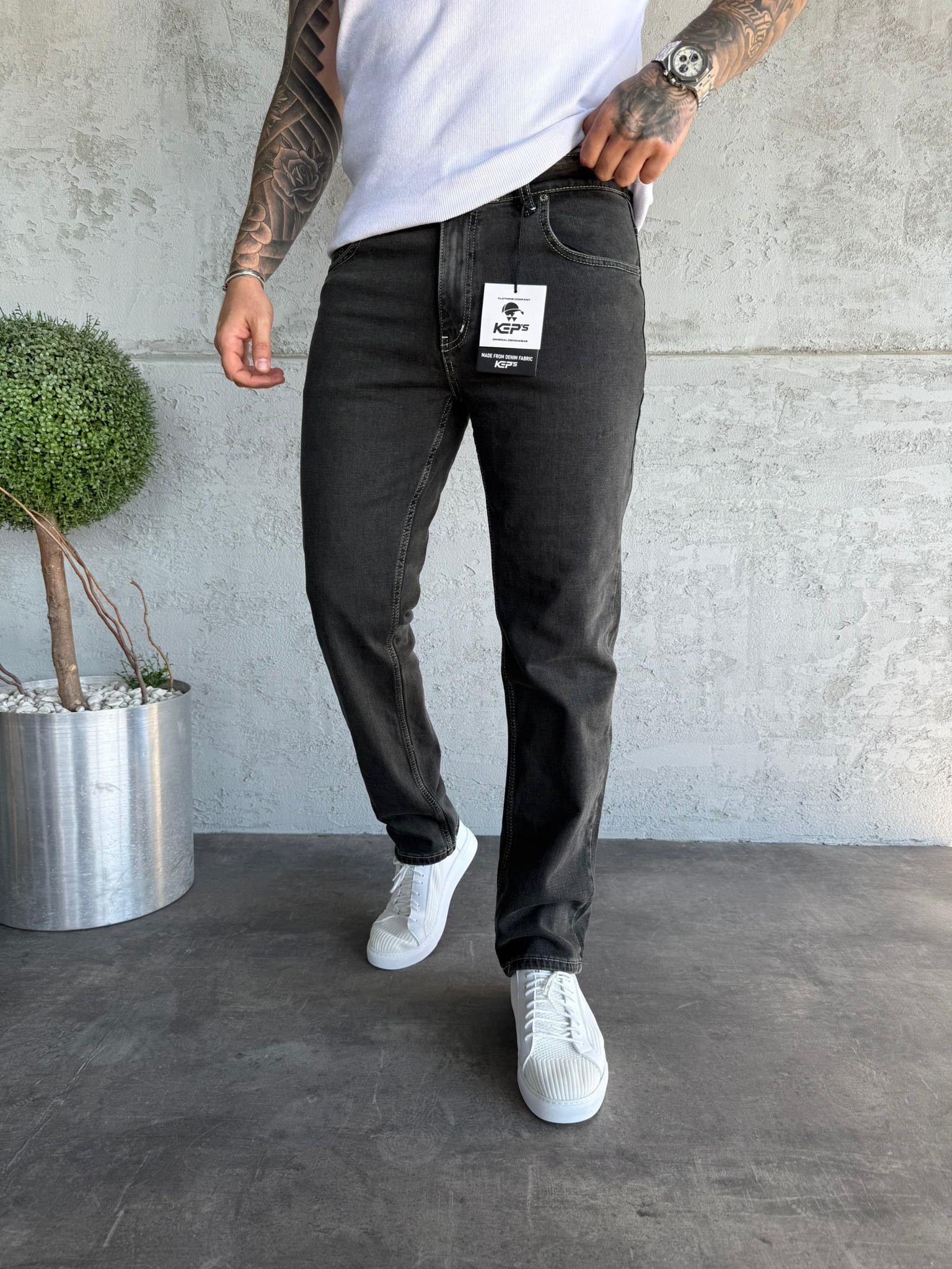 Beyaz Dikişli Likralı Füme Regular Fit Jean