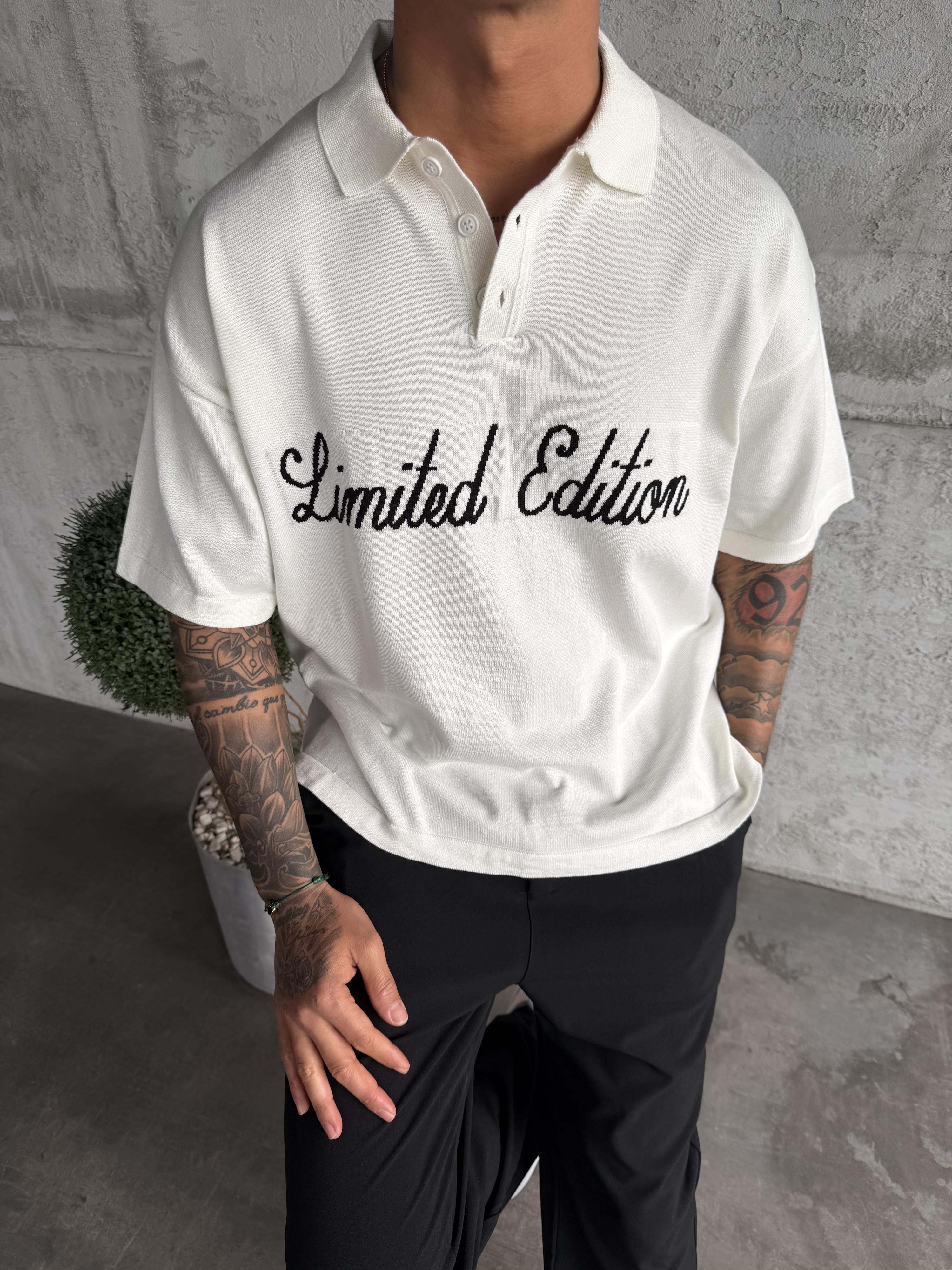 Beyaz Limited Edition Yazılı Polo Yaka T-shirt