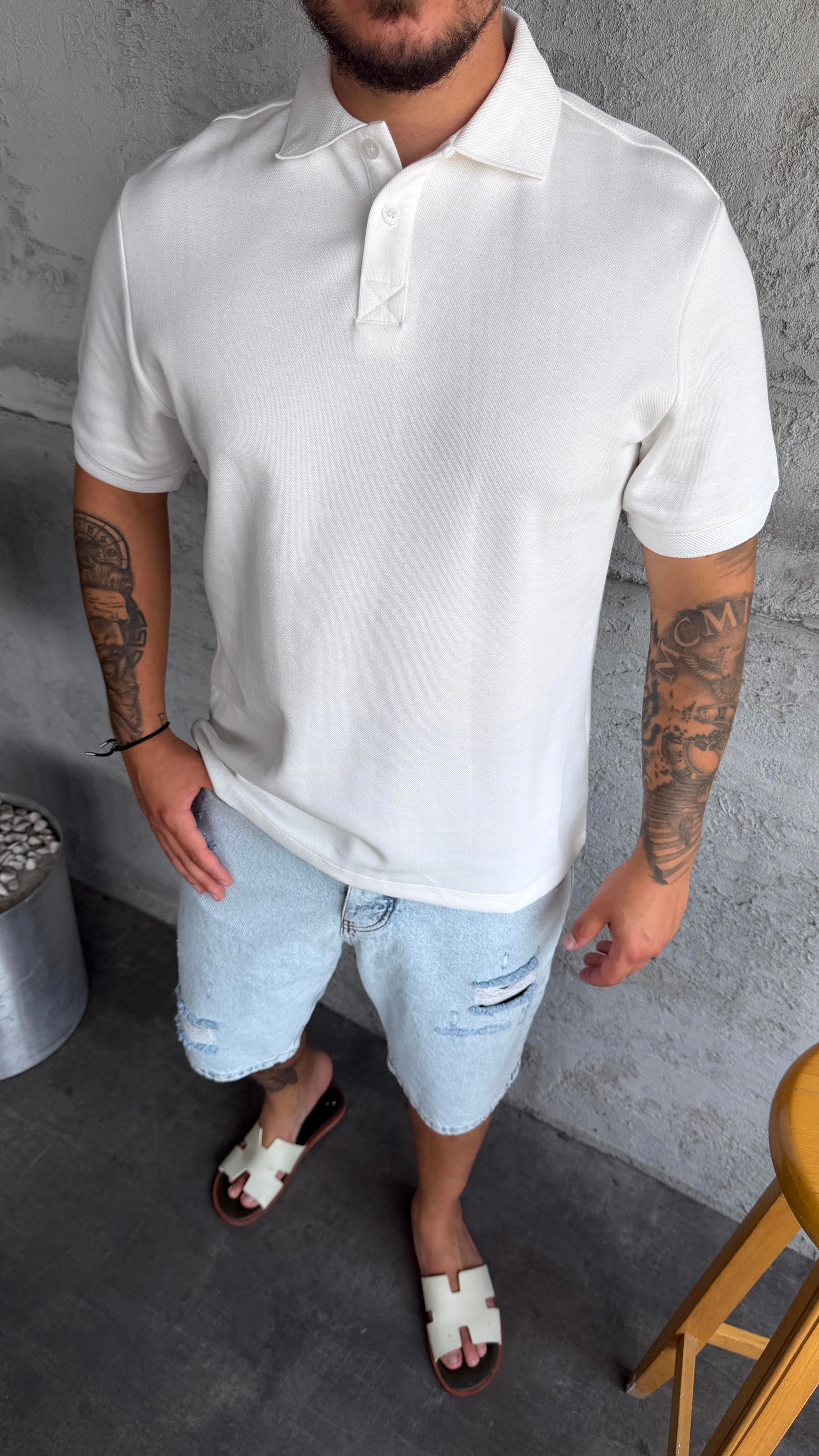 Beyaz Pike Kumaş Polo Yaka T-Shirt