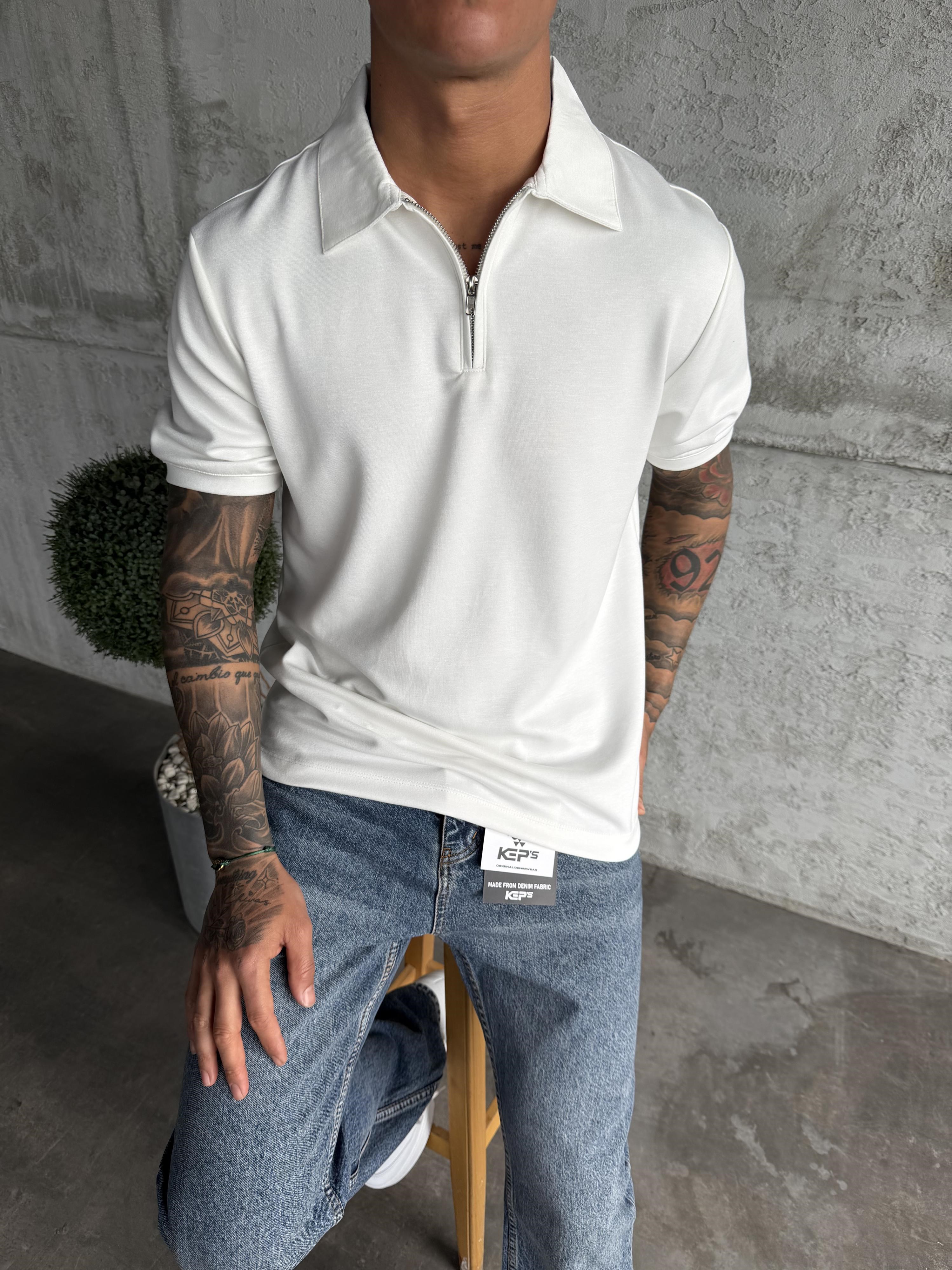 Beyaz Polo Yaka Basic T-Shirt