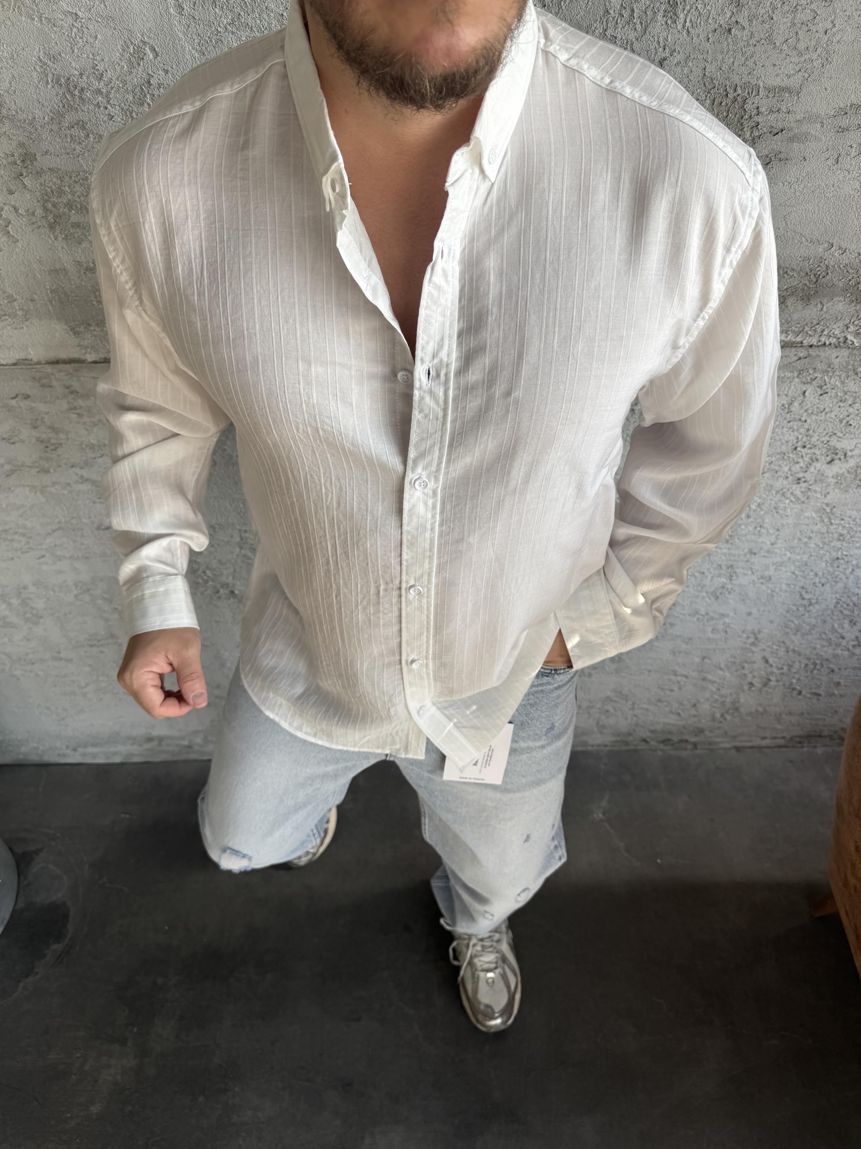 Beyaz Tensel Kumaş Desenli Oversize Gömlek