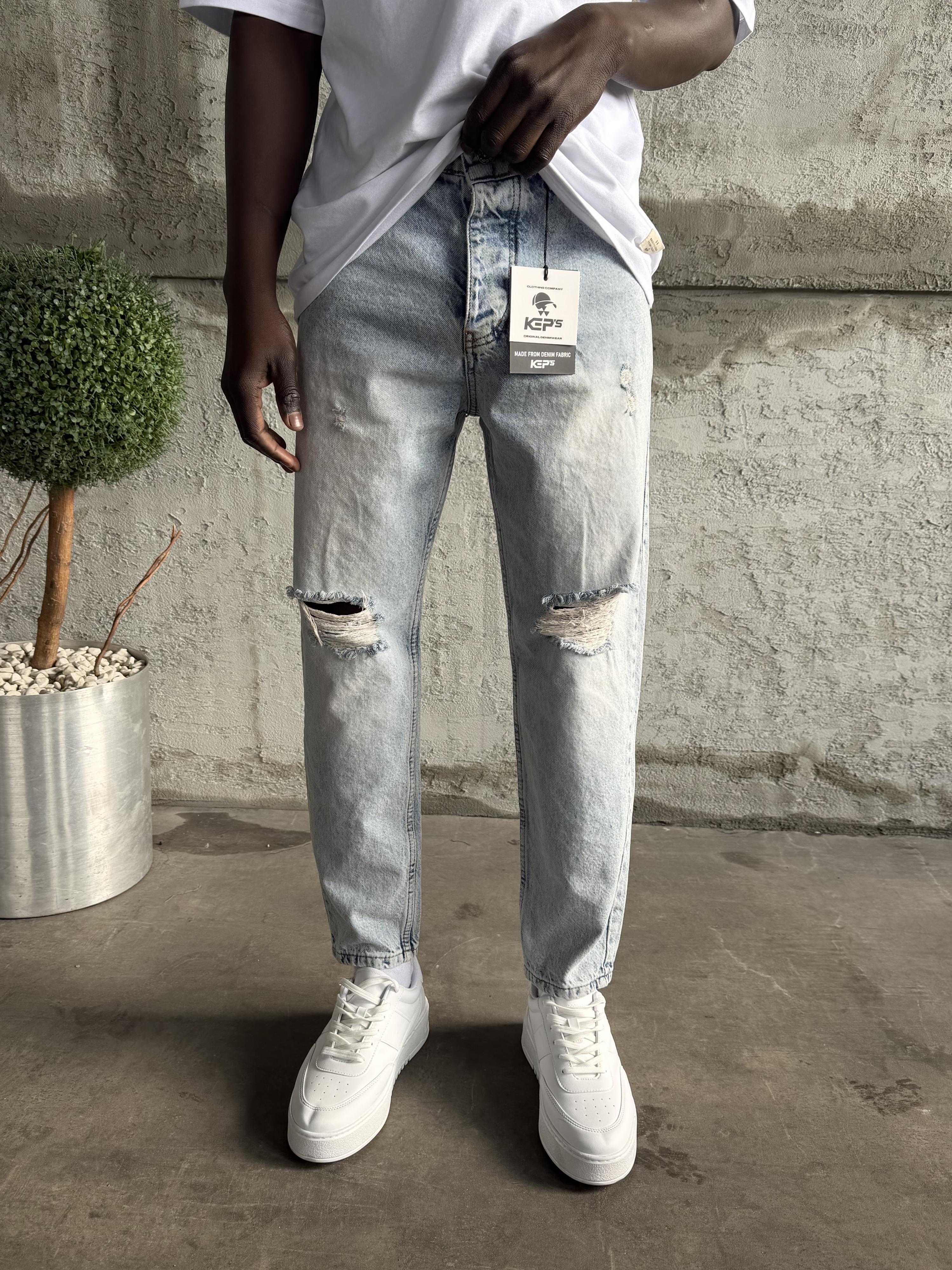 Buz Mavi Diz Yırtık Boyfriend Jean