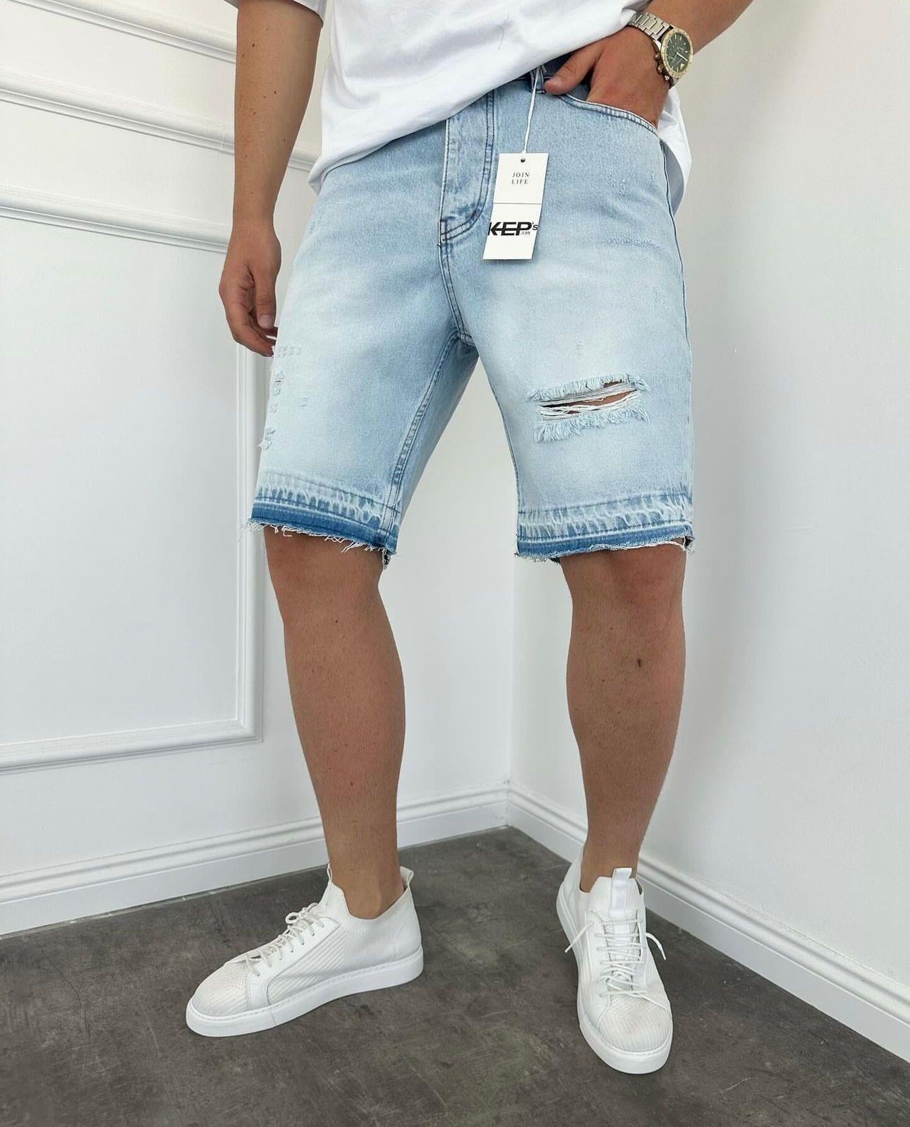 Buz Mavi Yırtıklı Kot Şort