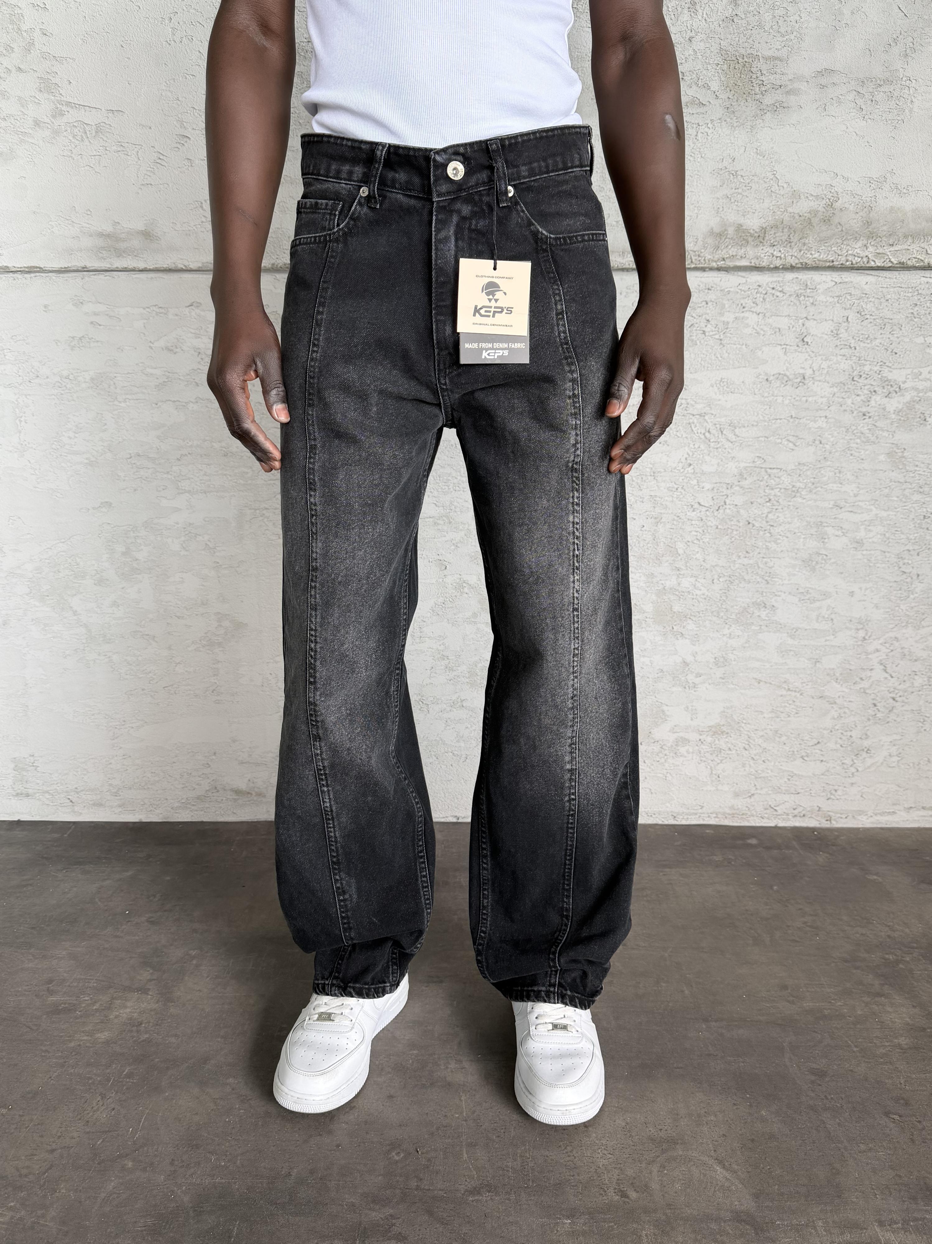 Dikiş Detaylı Antrasit Taşlamalı Relax Baggy Jean