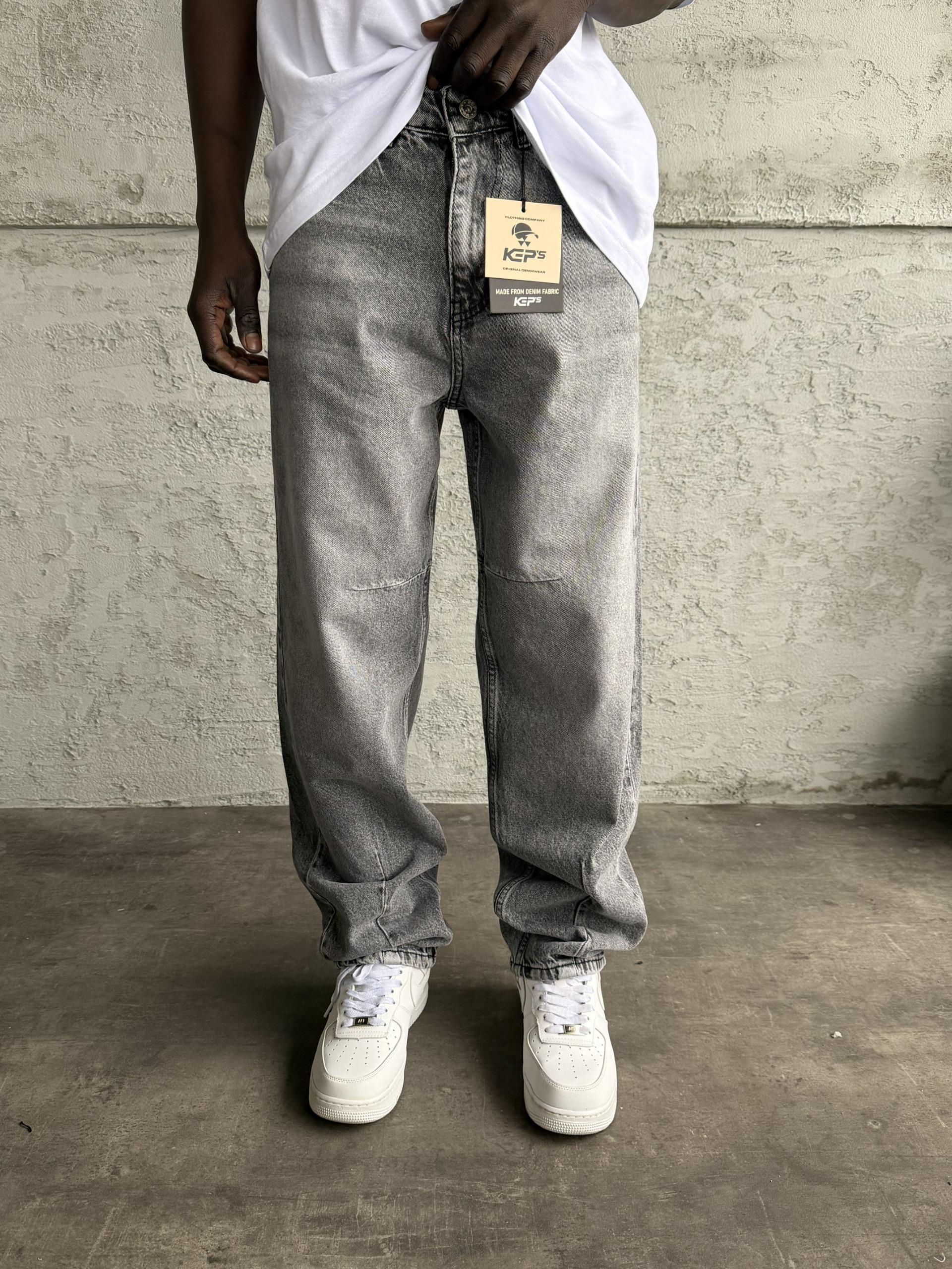 Dikiş Detaylı Gri Taşlamalı Relax Baggy Jean