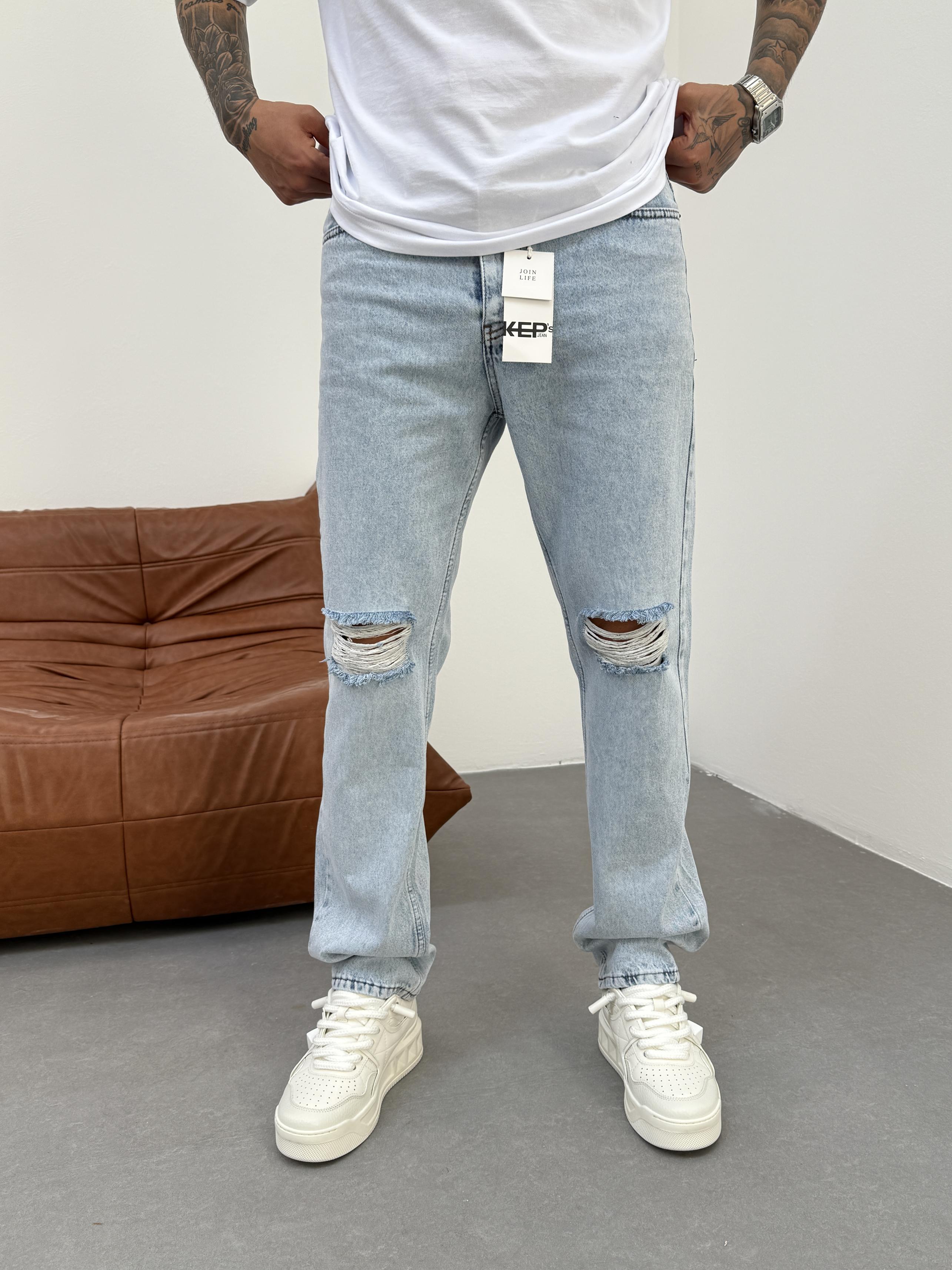 Diz Yırtık Buz Mavi Baggy Jean