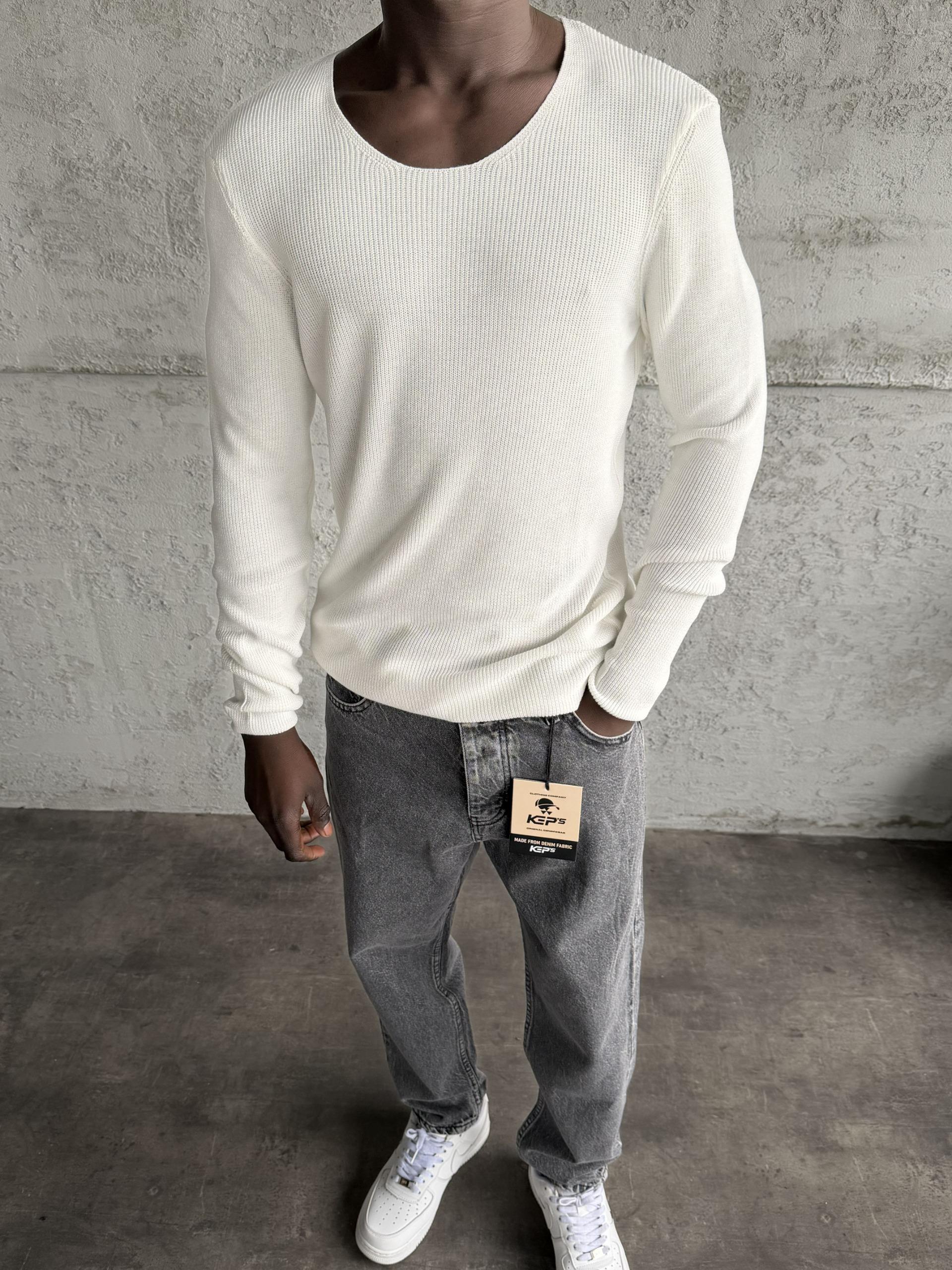 Ekru Açık Yaka Slimfit Triko