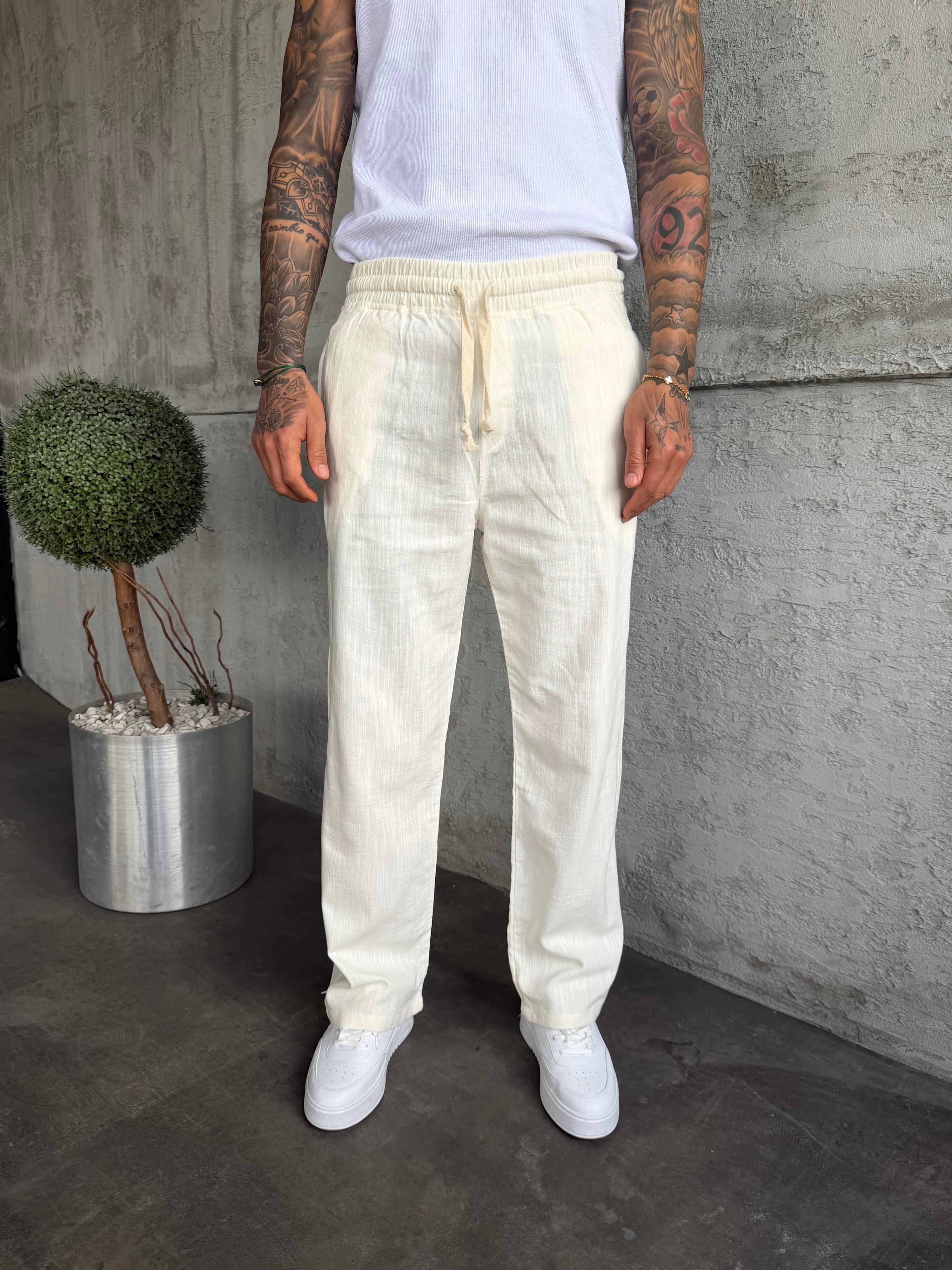 Ekru Keten Baggy Pantolon