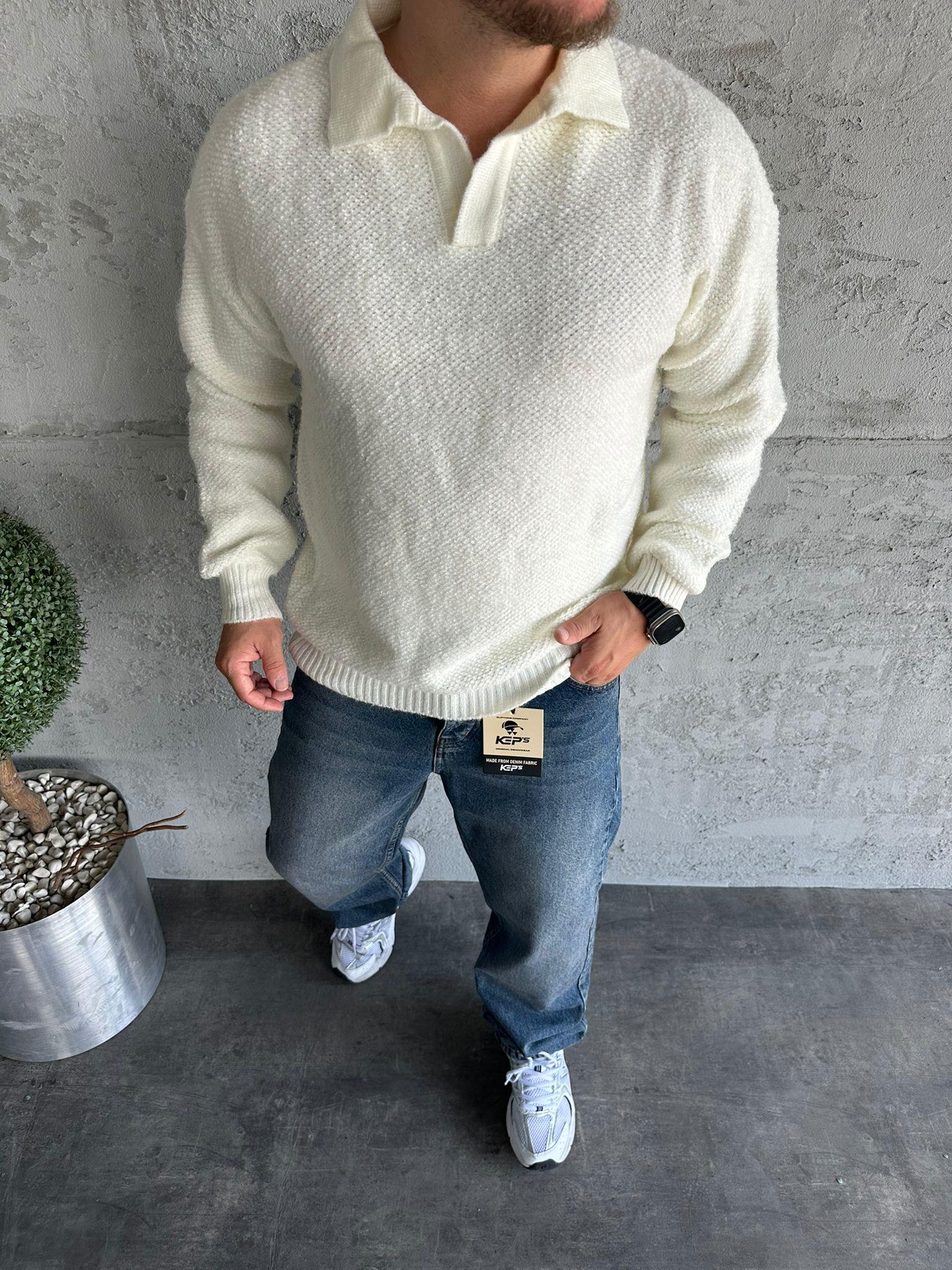 Ekru Polo Yaka Dokulu Kazak