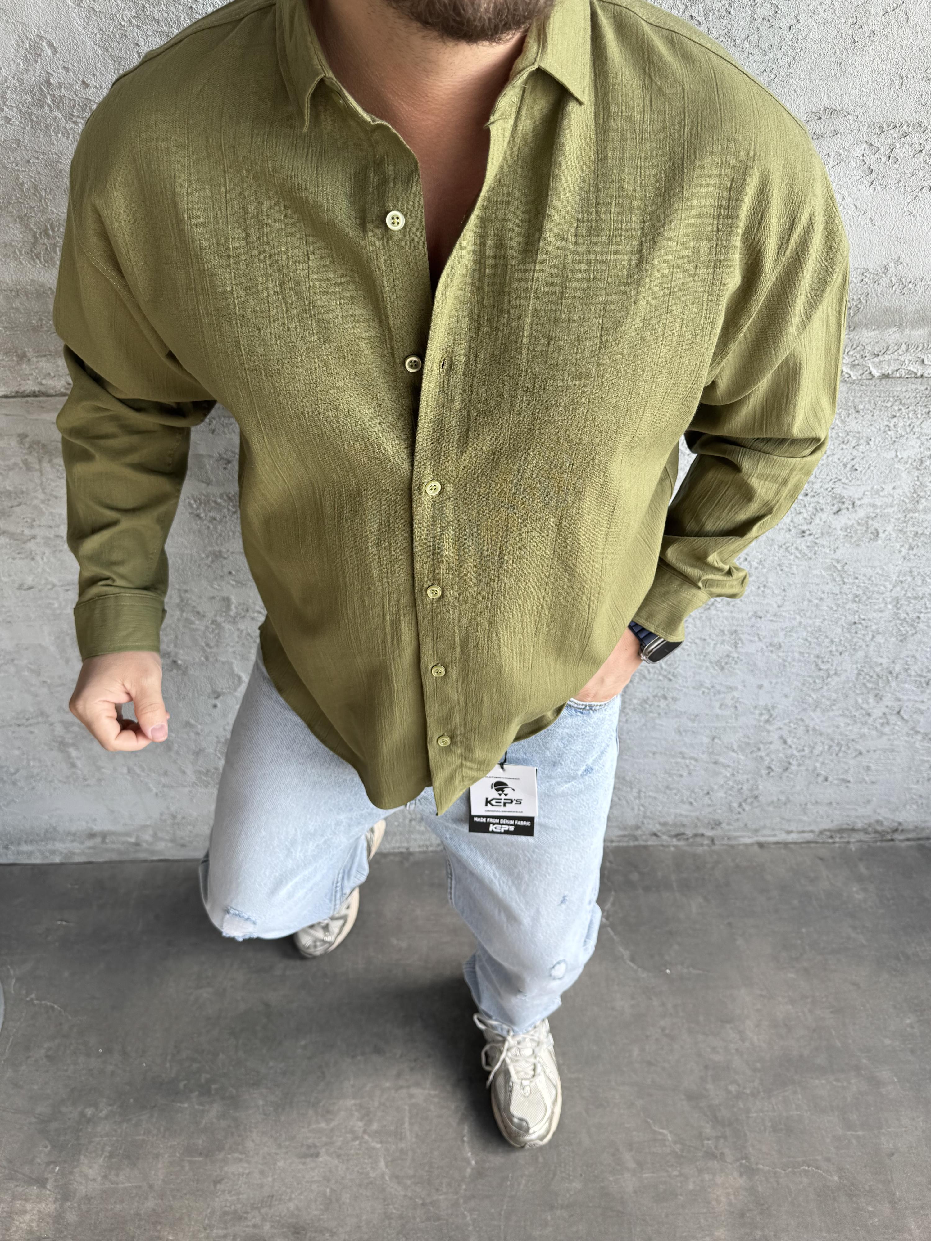 Haki Kırınkıl Kumaş Gömlek