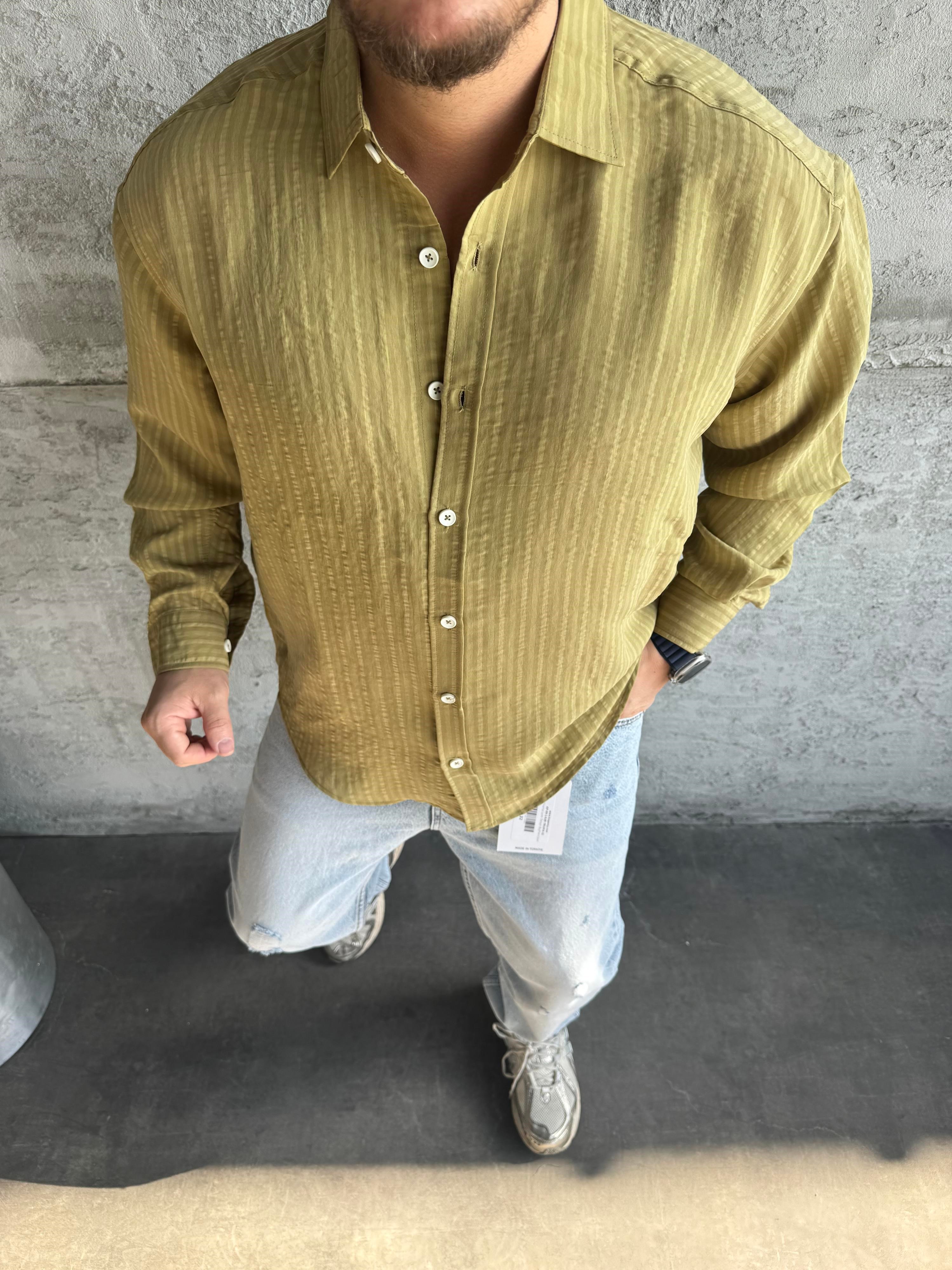 Haki Modal Kumaş Desenli Oversize Gömlek