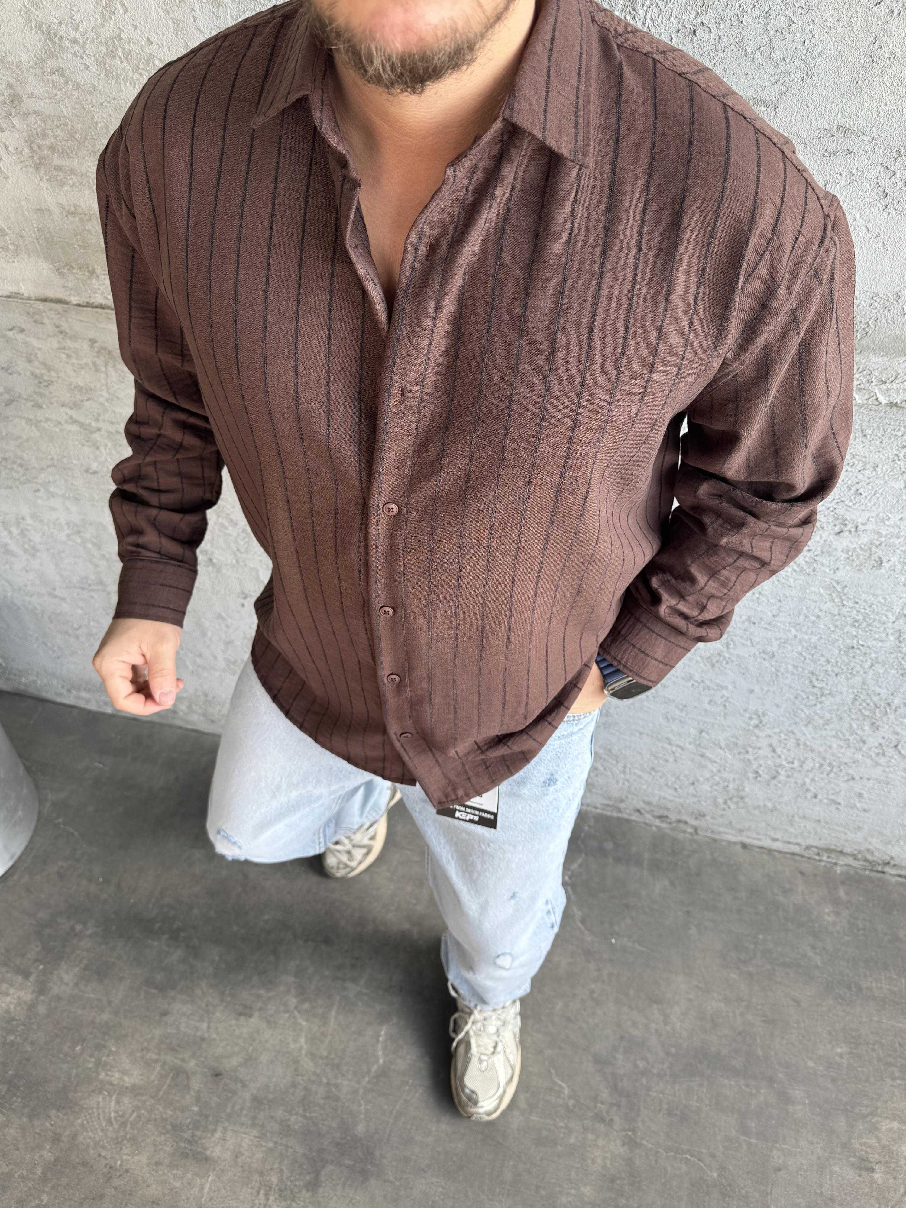 Kahve Desenli Keten Gömlek