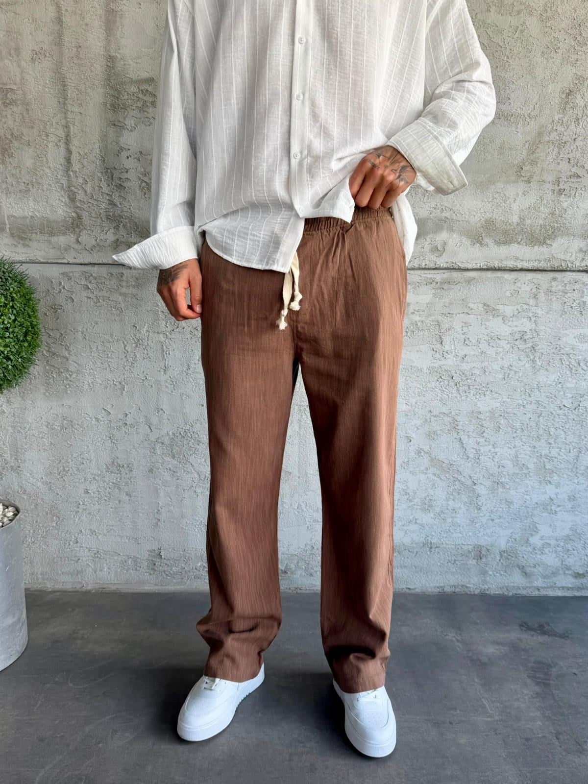 Kahve Keten Baggy Pantolon
