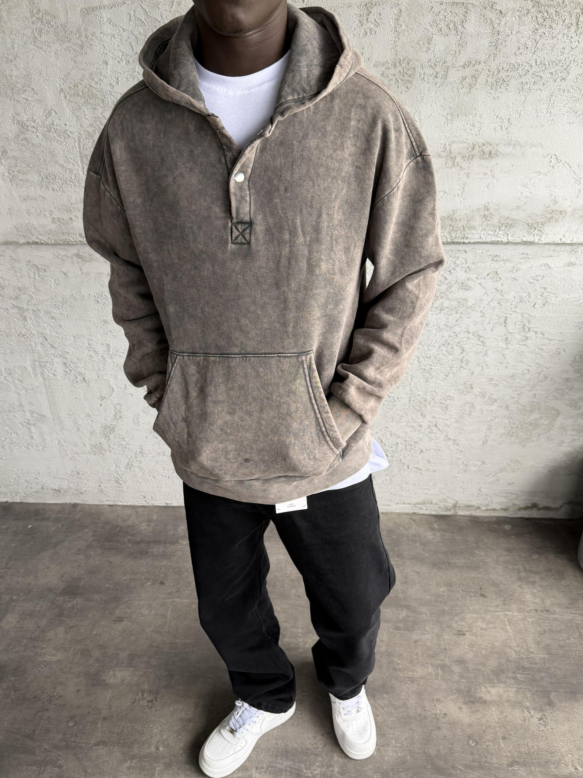 Kahve Yıkamalı Kapüşonlü Sweatshirt