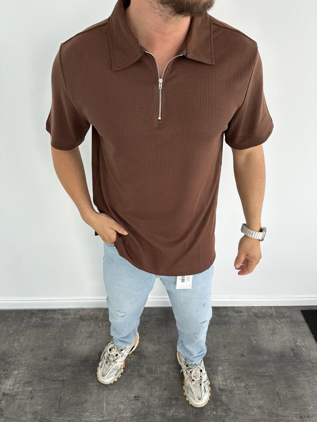 Kahverengi Polo Yaka Fermuarlı T-Shirt