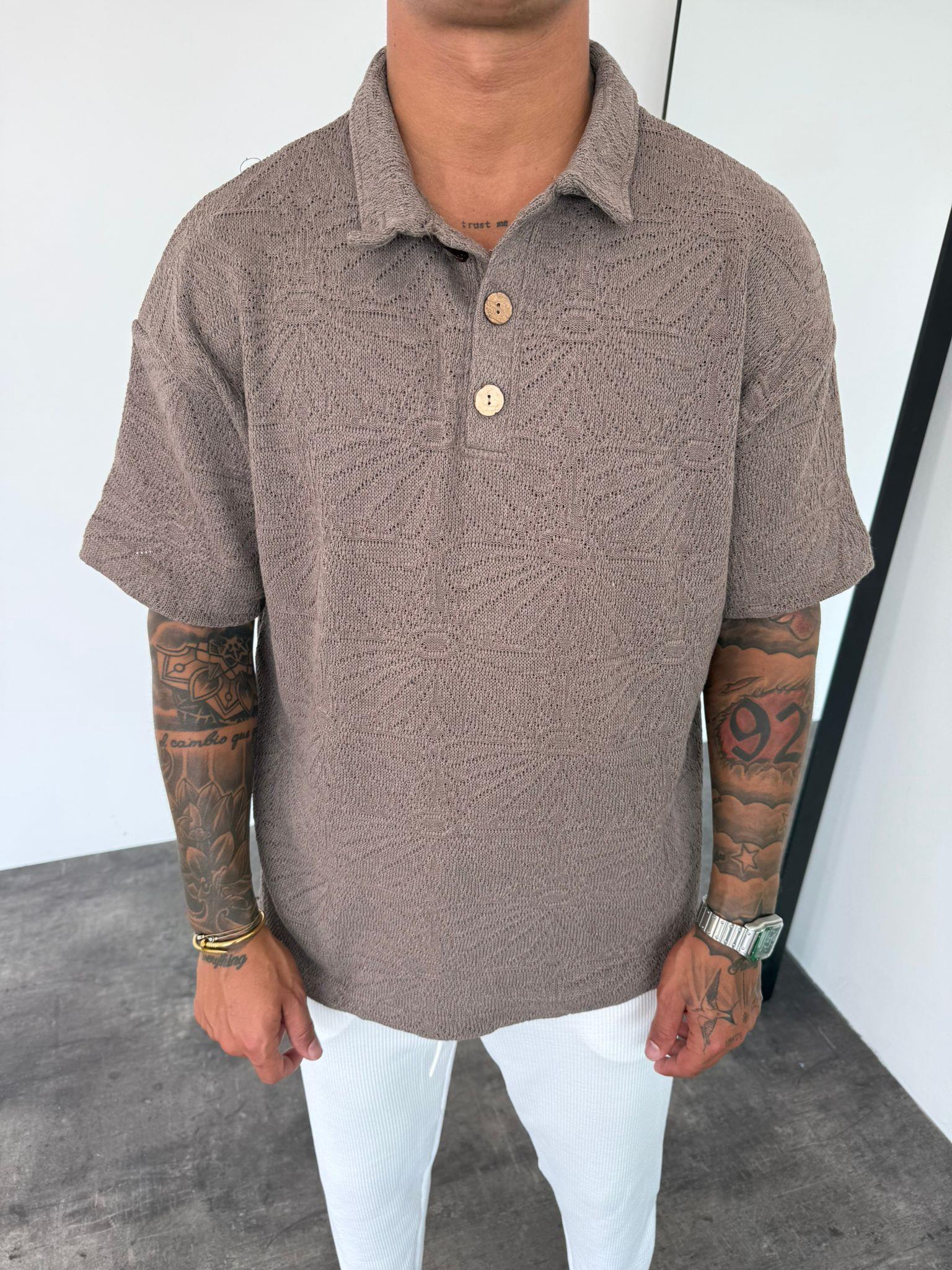 Kahverengi Polo Yaka Örme Triko T-Shirt