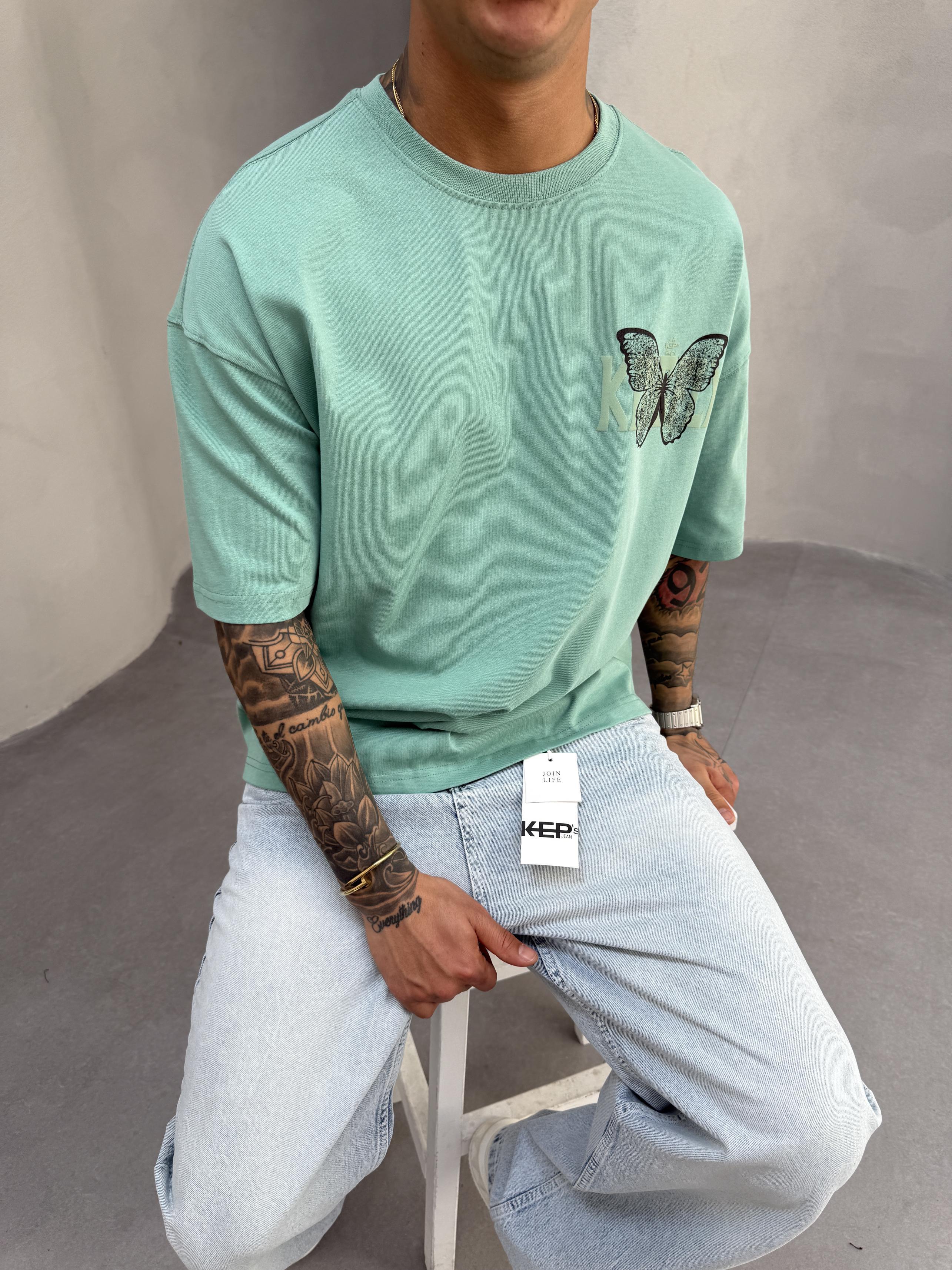 Kelebek Baskılı Su Yeşil Oversize T-Shirt