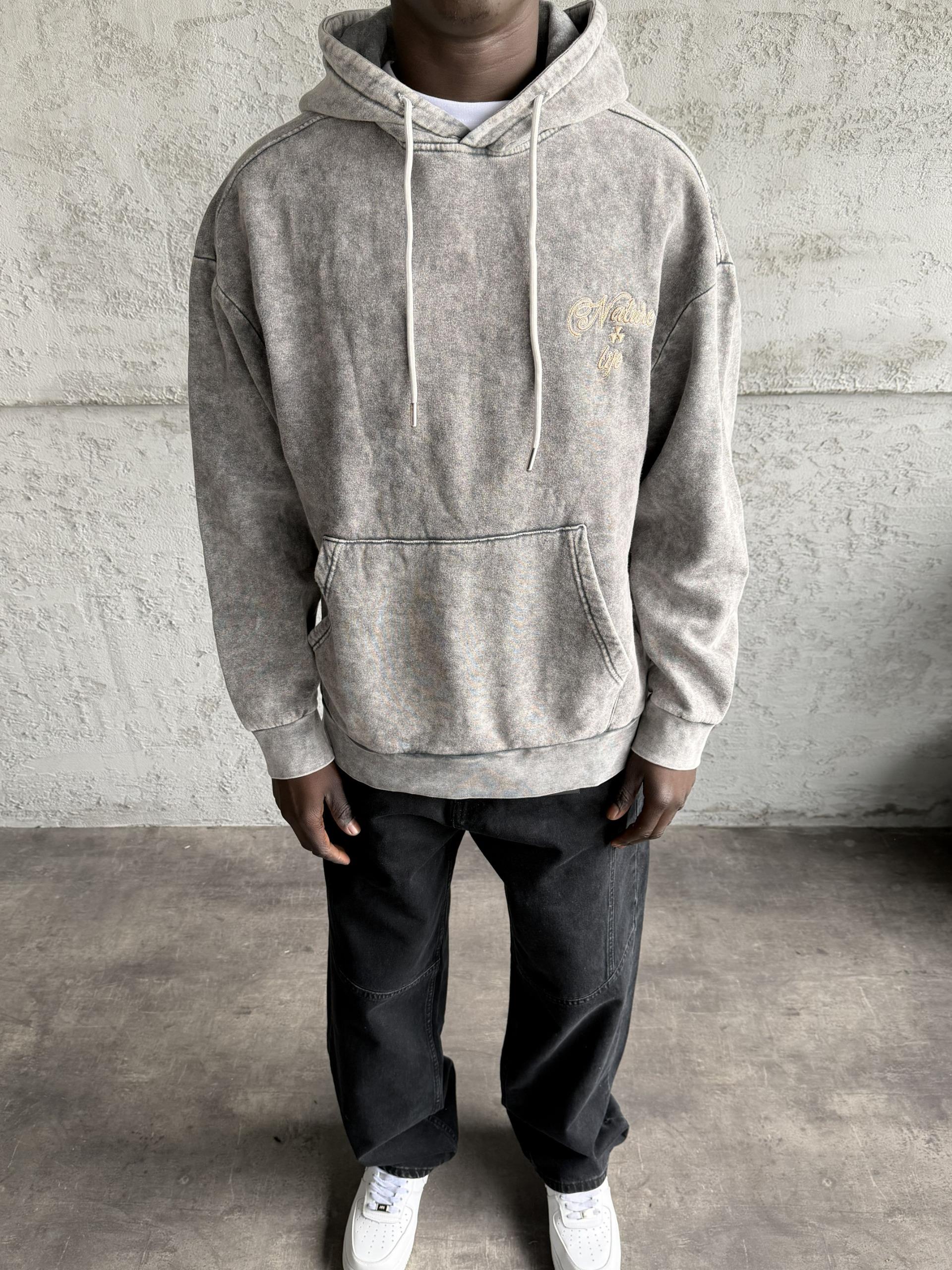 Koyu Gri Yıkamalı Kapüşonlü Nakış Detaylı Sweatshirt