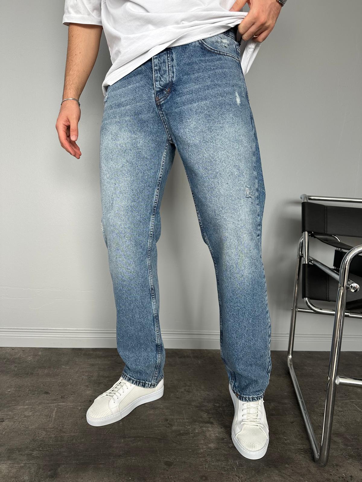 Koyu Lacivert Yıkamalı Yırtıklı Mavi Baggy Jean