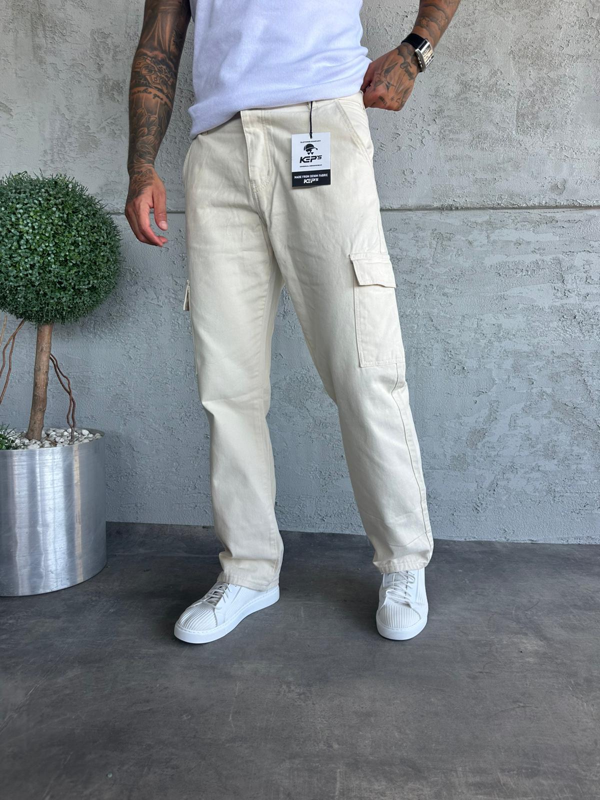 Krem Kargo Cep Baggy Jean