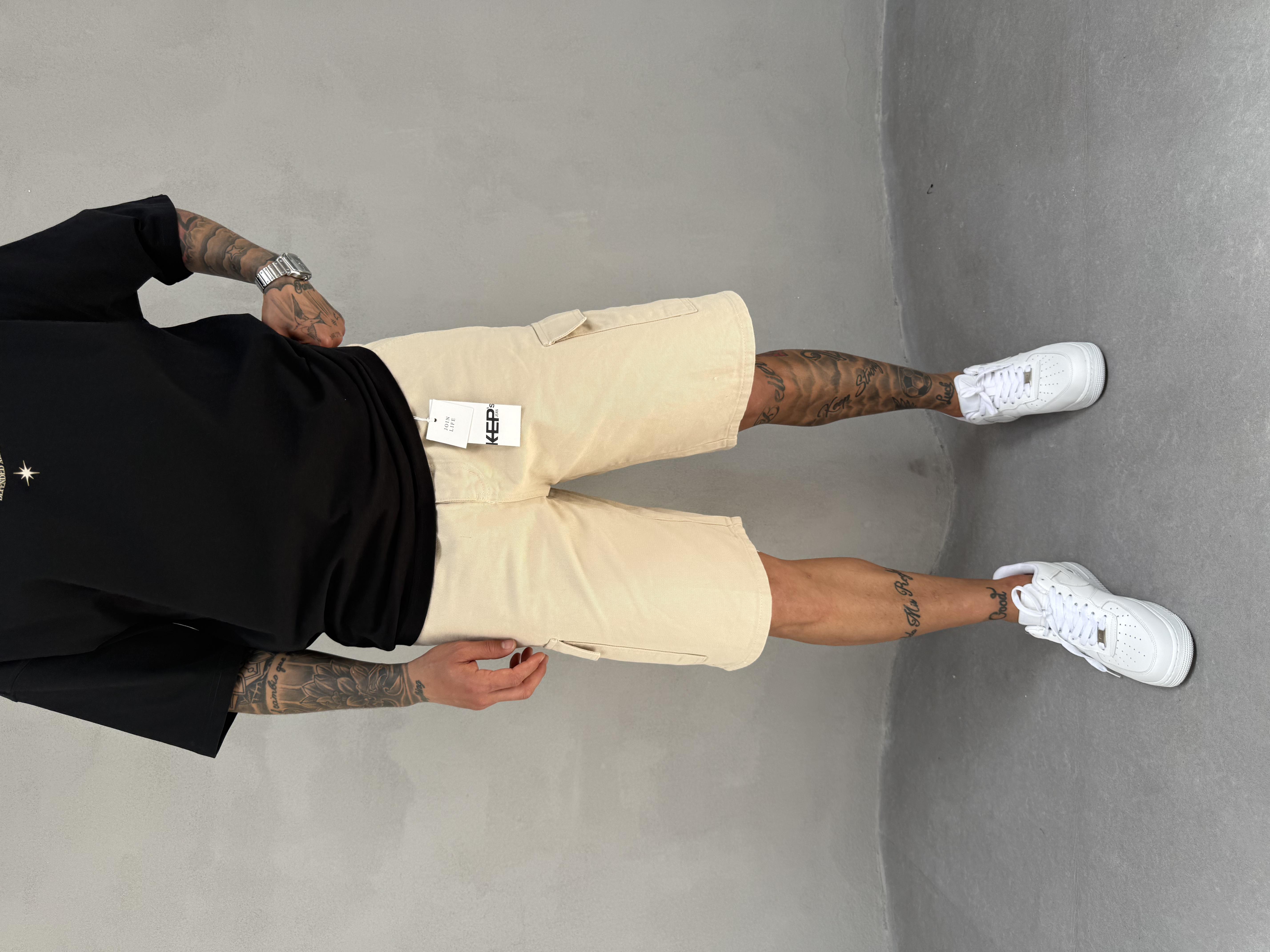 Krem Kargo Cep Şort