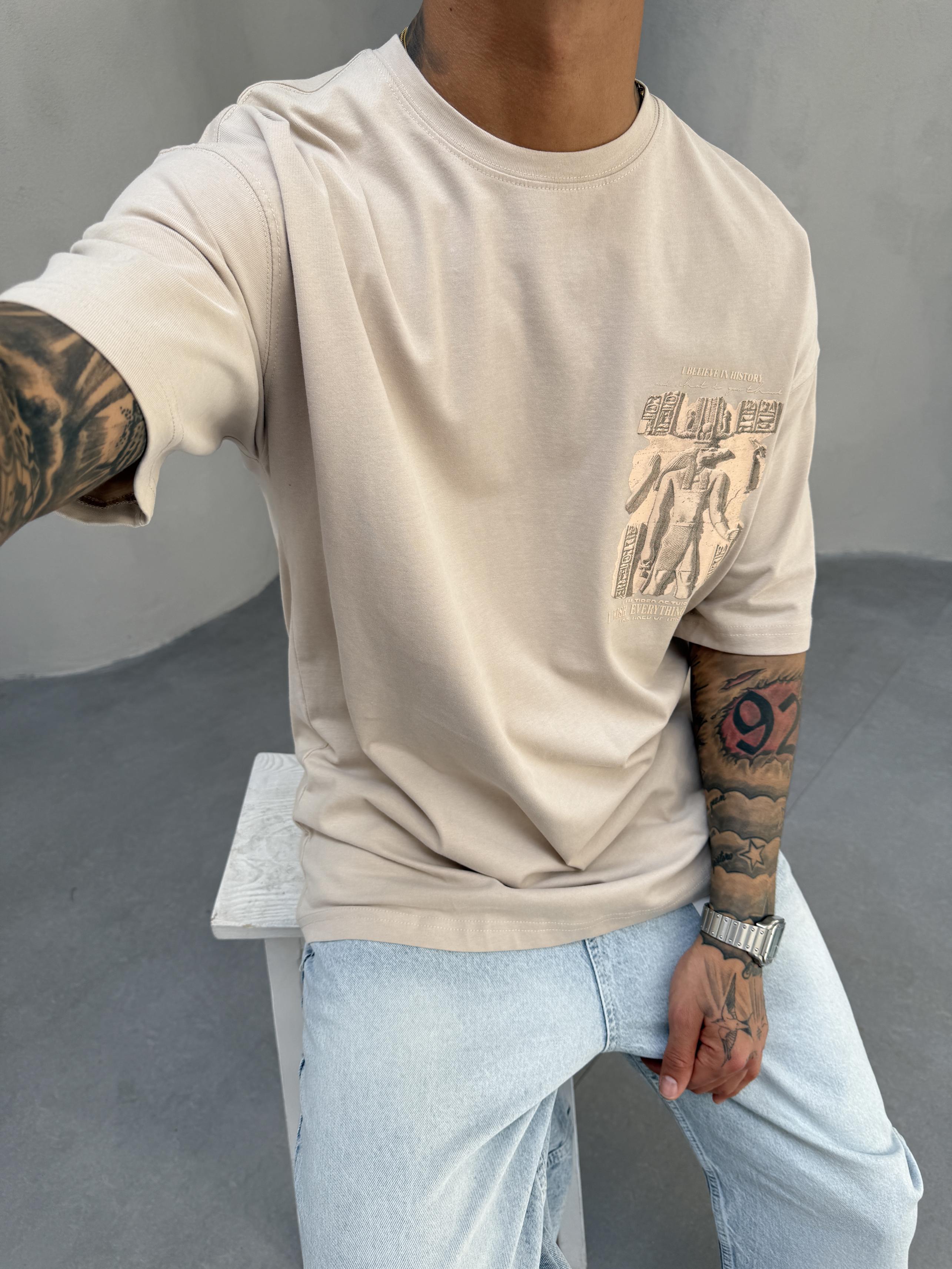 Krem Oversize Baskılı T-Shirt