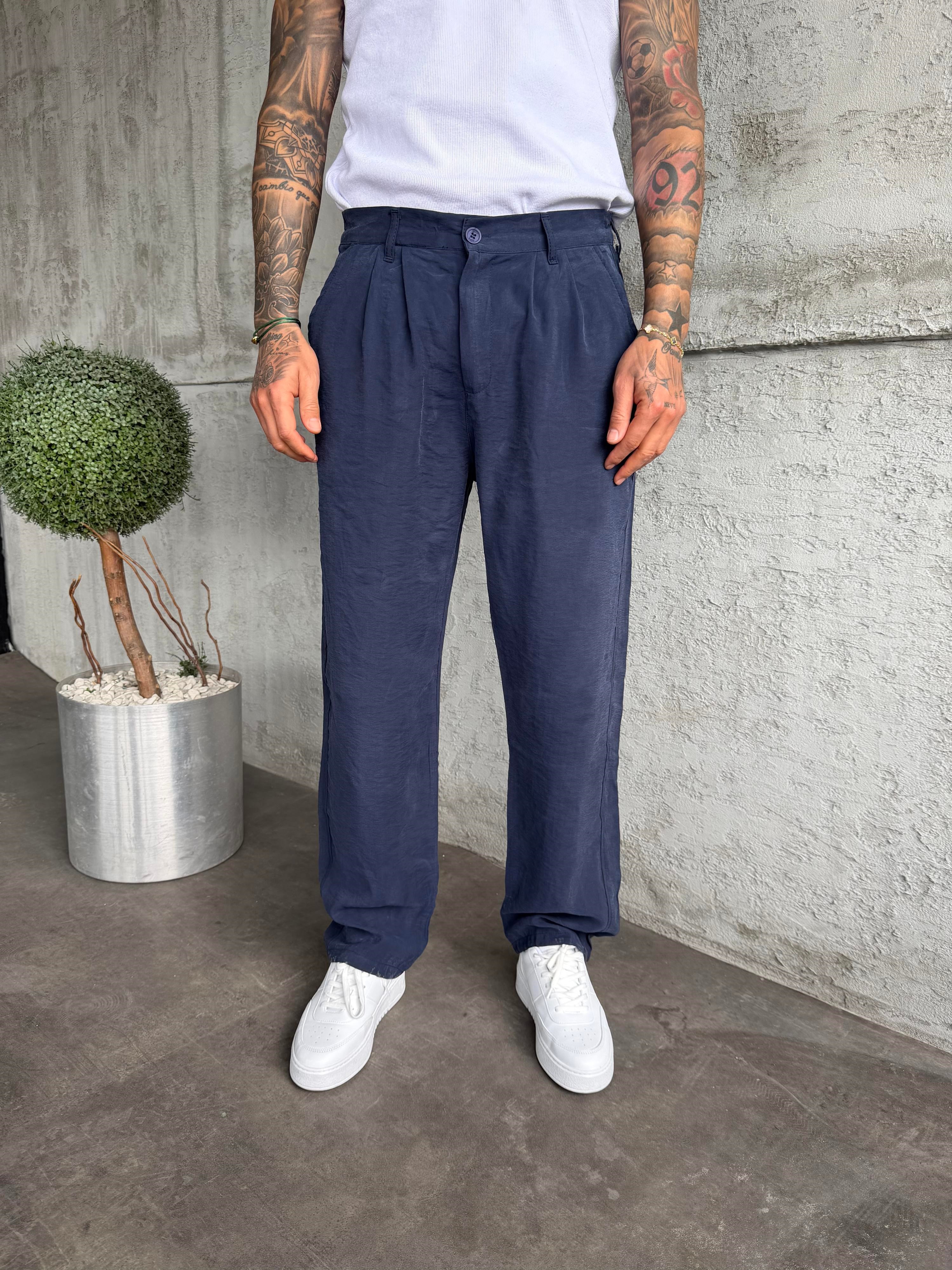 Lacivert Pileli Modal Kumaş Baggy Pantolon
