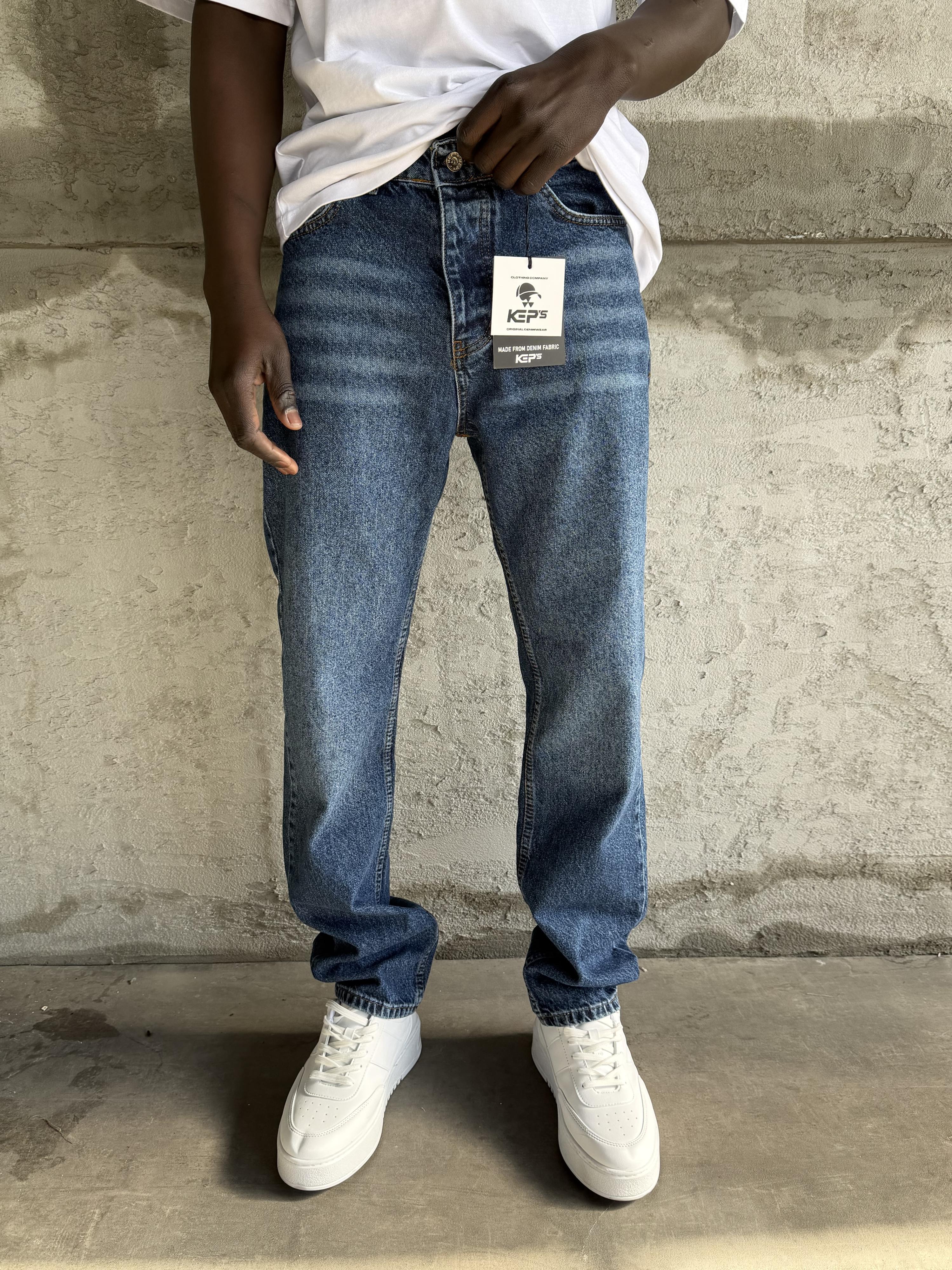 Lacivert Taşlamalı Baggy Jean