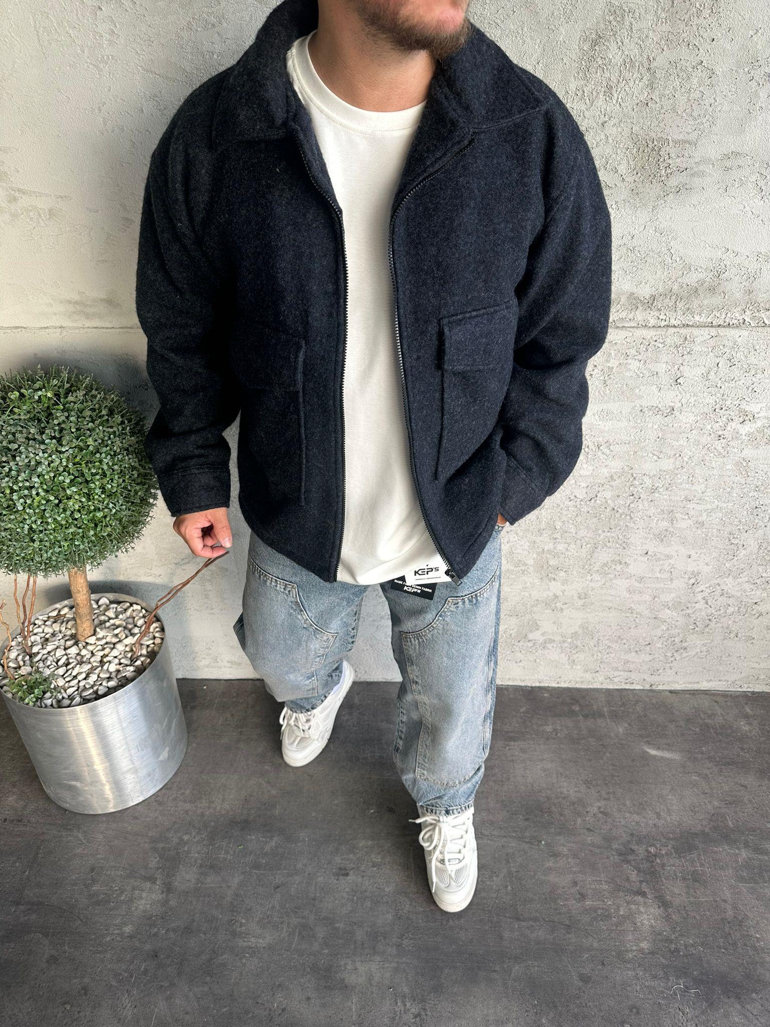 Lacivert Yün Karışımlı Premium Mont