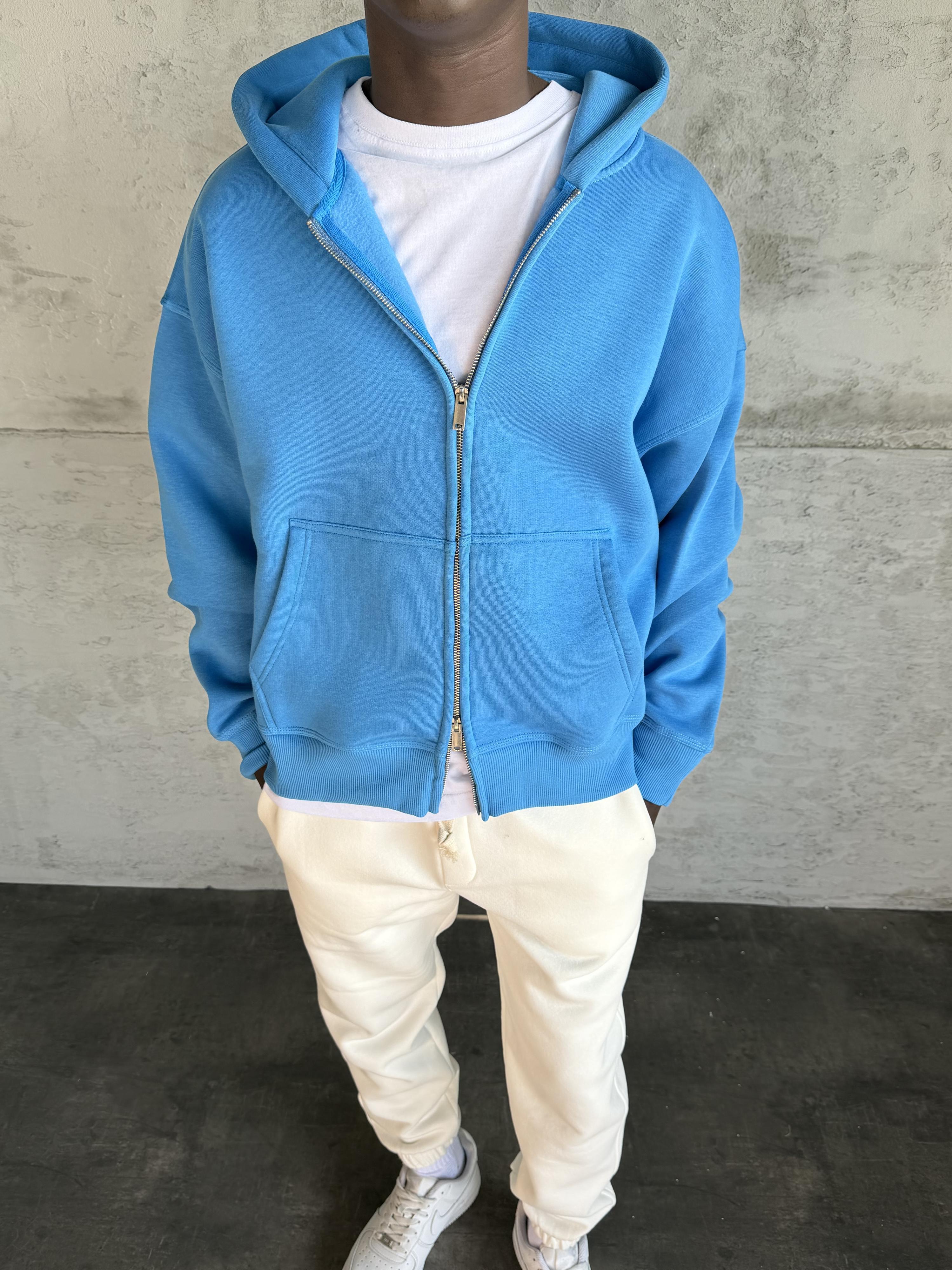 Mavi Kapüşonlu Fermuarlı Sweatshirt