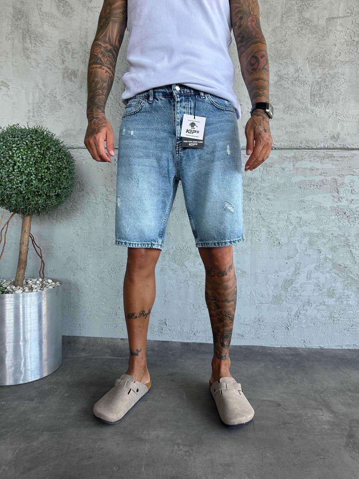 Mavi Lazerli Kot Şort