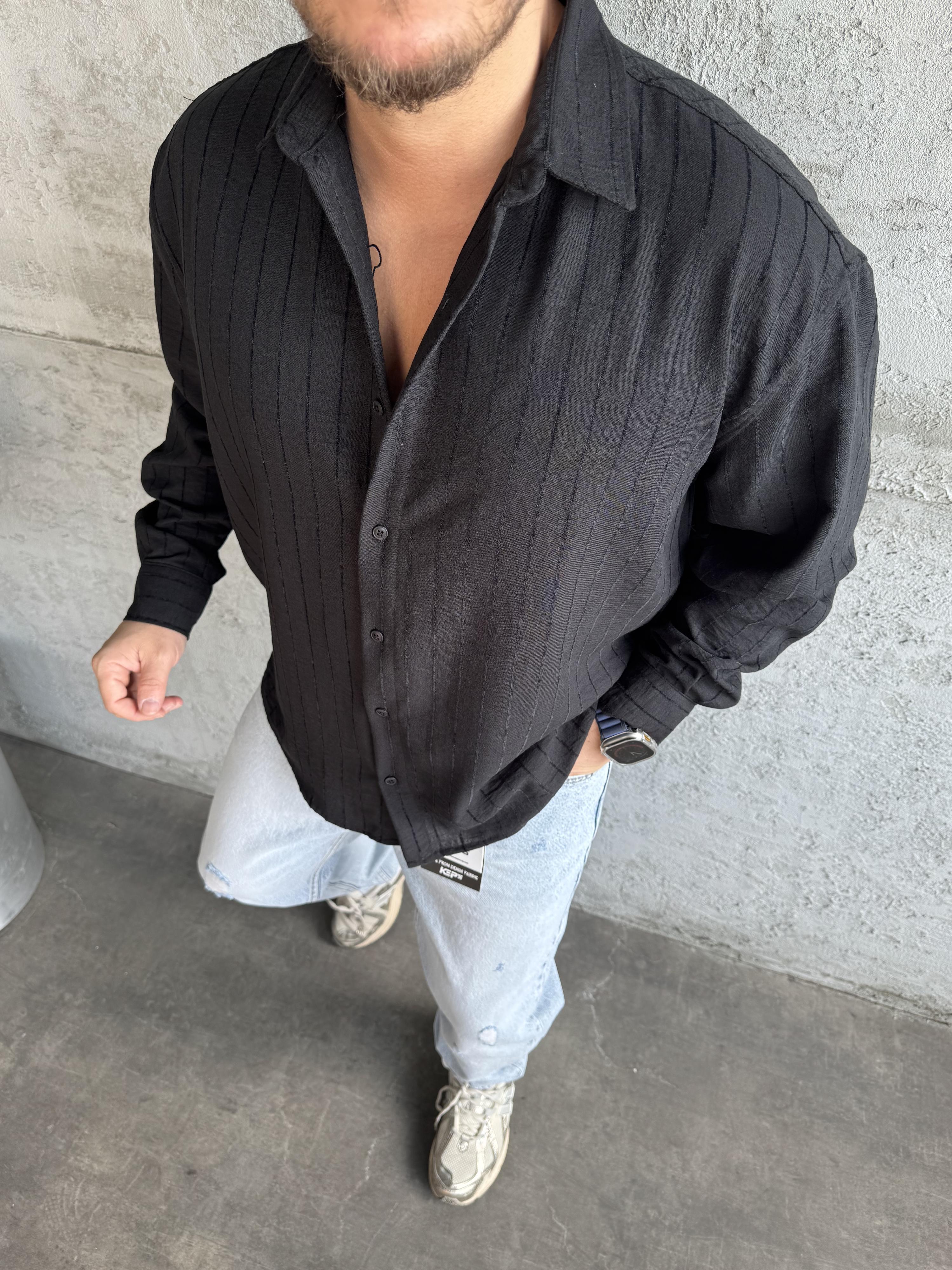 Siyah Desenli Keten Gömlek