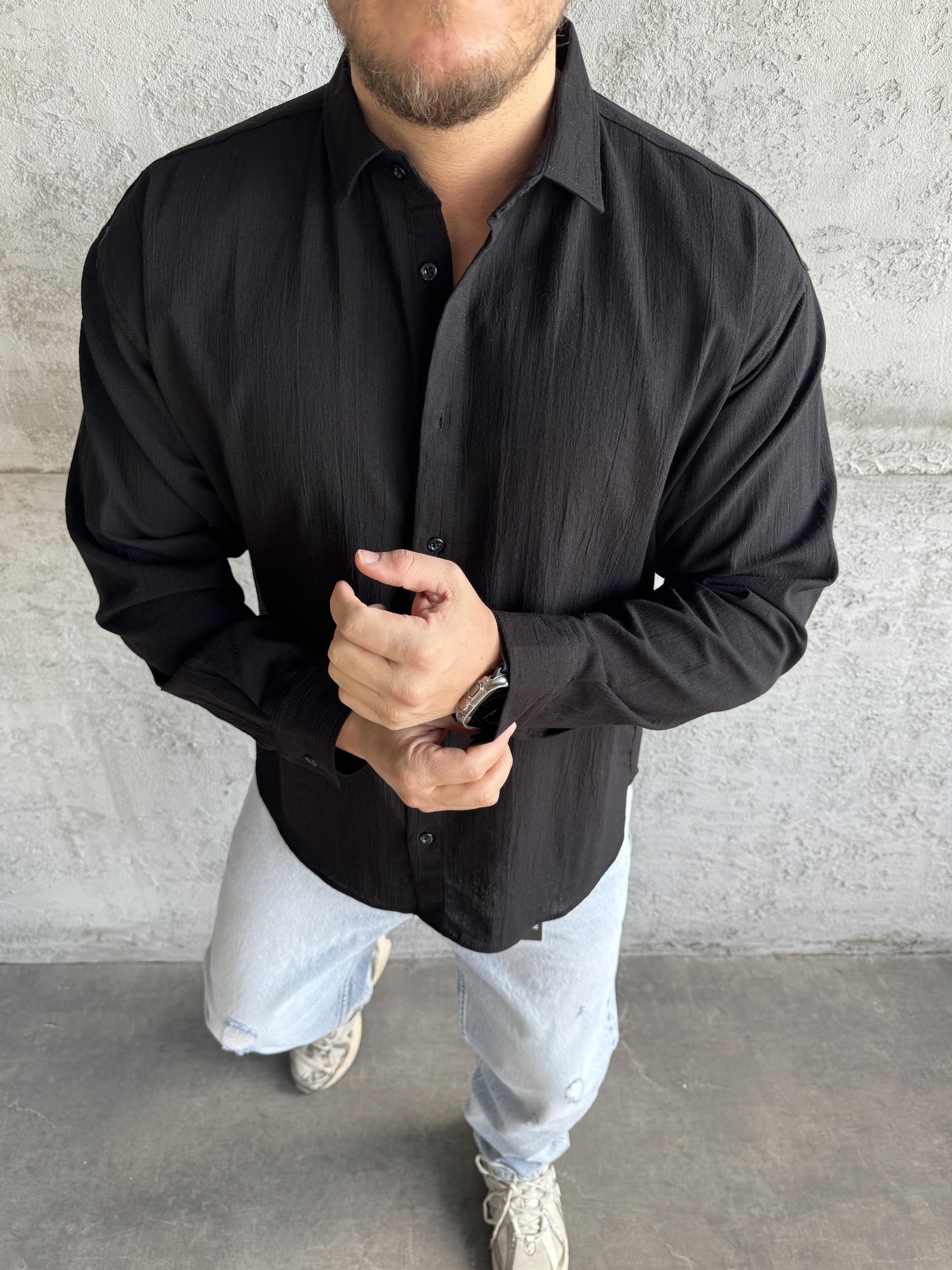 Siyah Kırınkıl Kumaş Gömlek