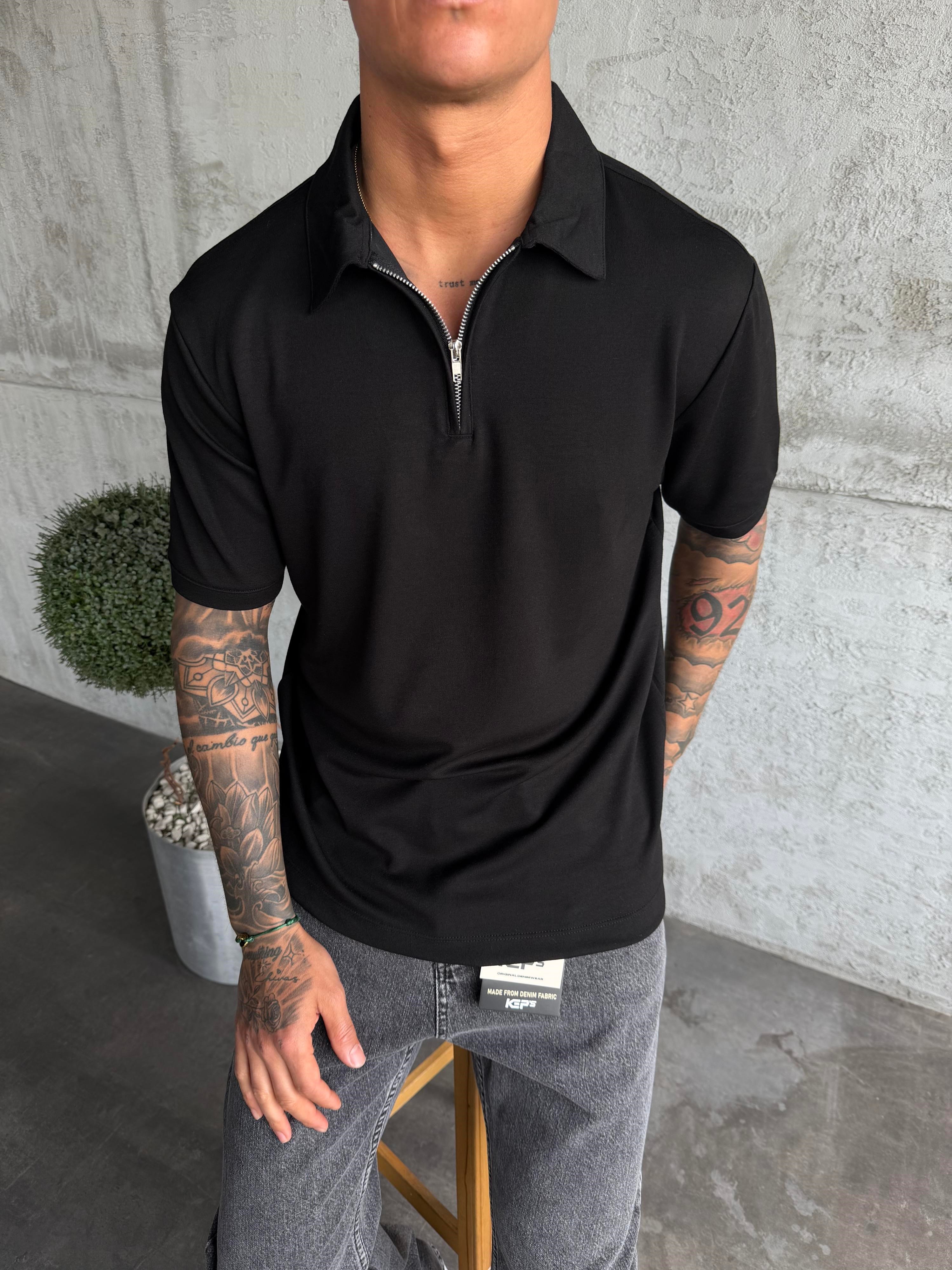 Siyah Polo Yaka Basic T-Shirt