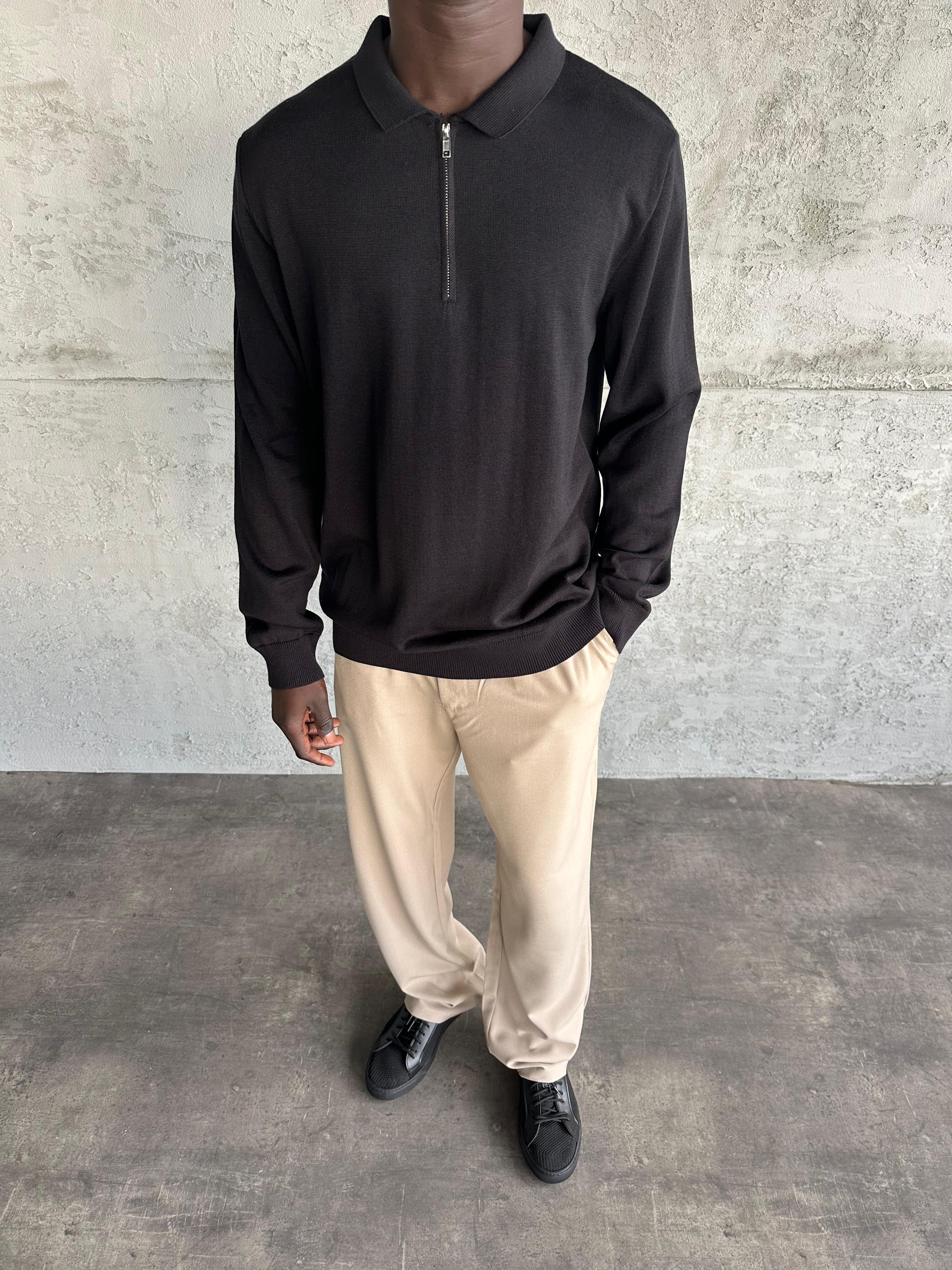 Siyah Polo Yaka Fermuarlı Triko Kazak