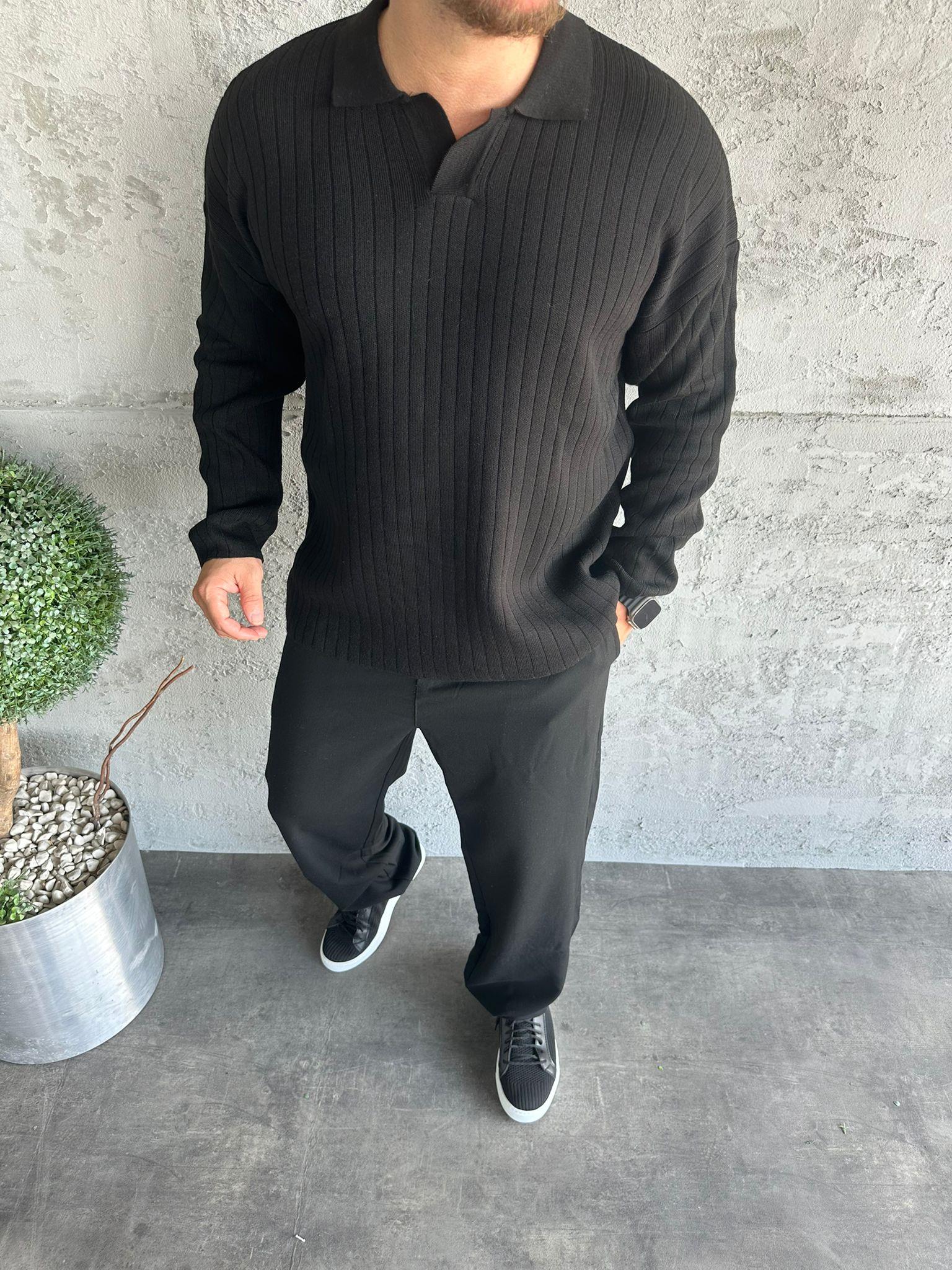 Siyah Polo Yaka Fitilli Triko Kazak