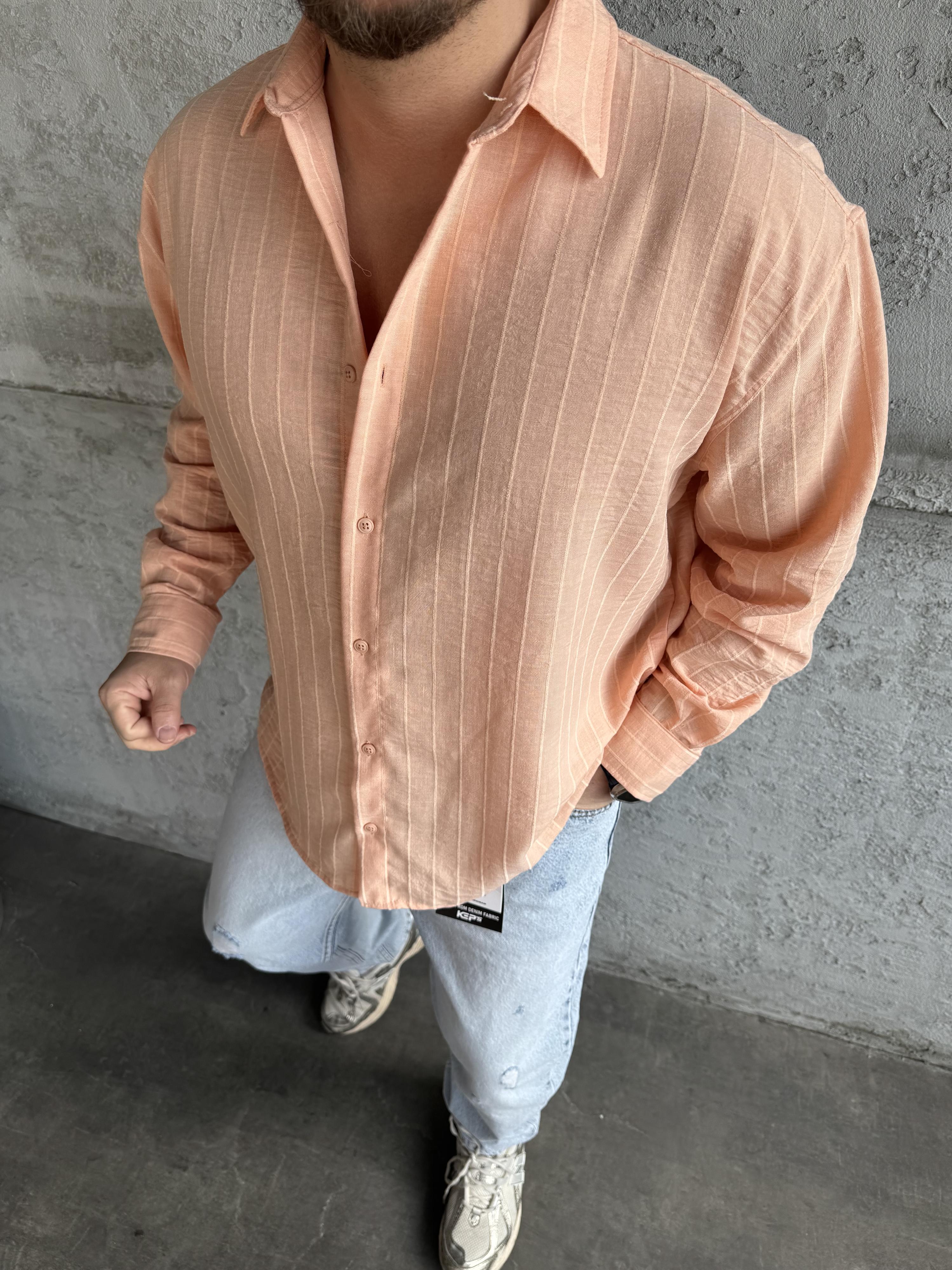 Turuncu Desenli Keten Gömlek