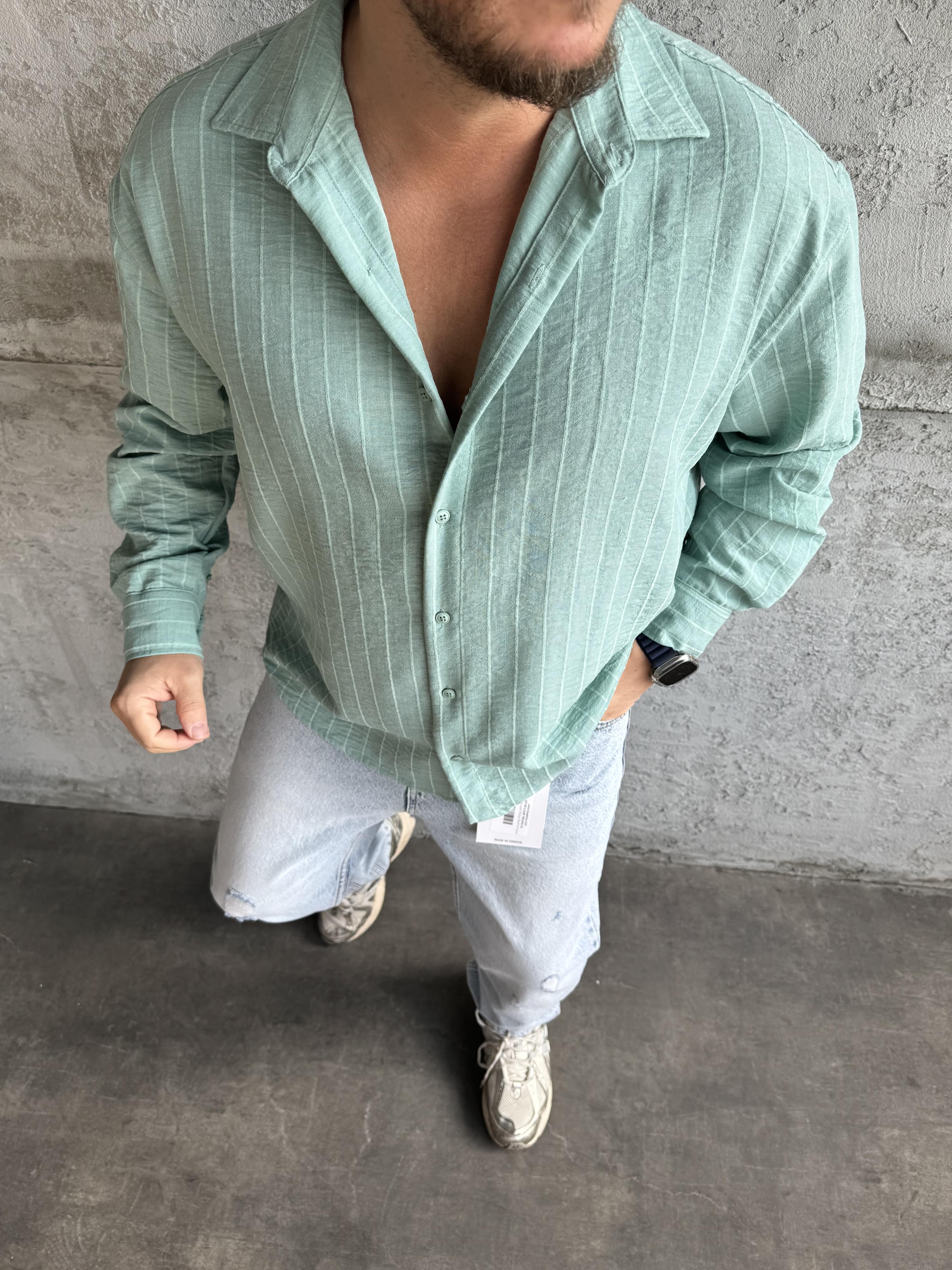 Yeşil Desenli Keten Gömlek